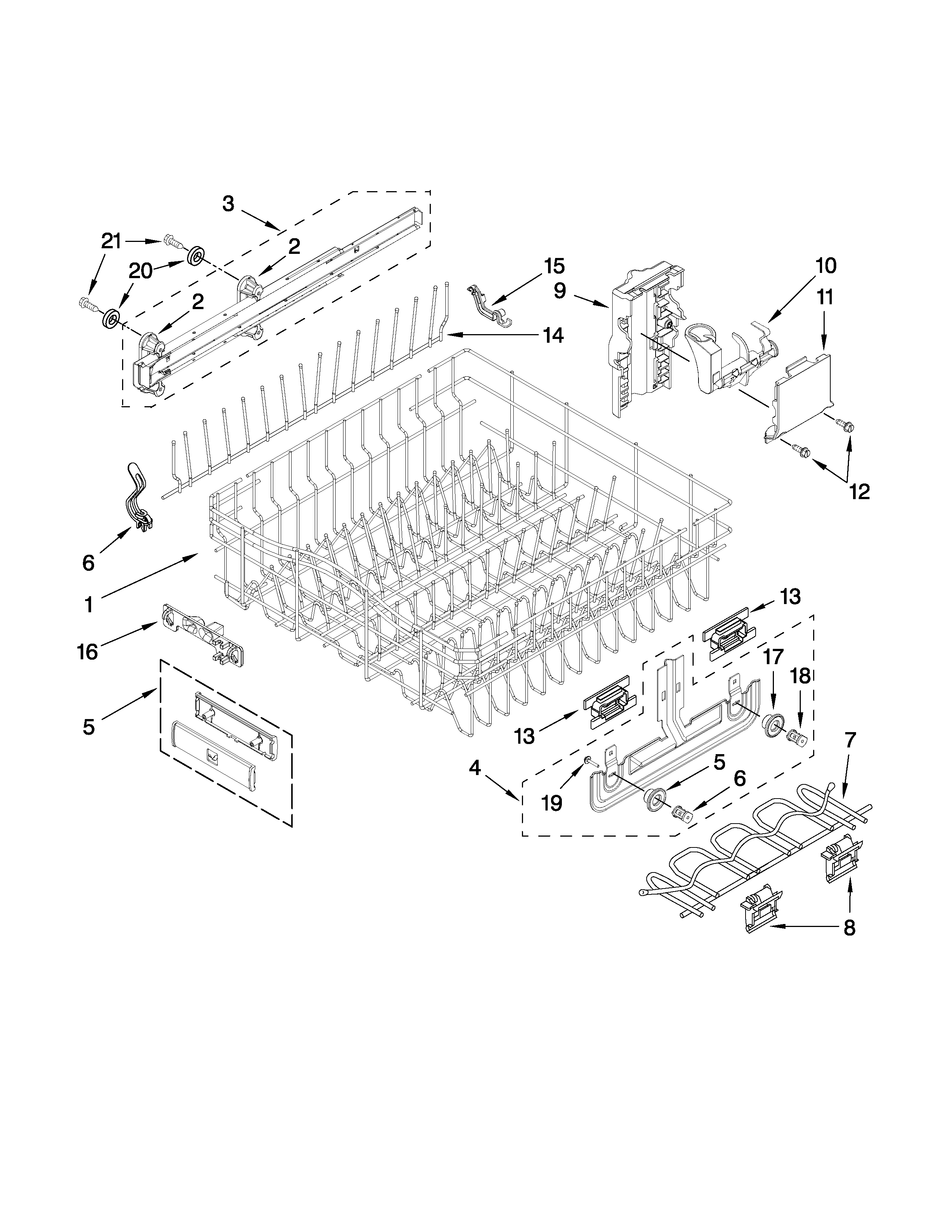Jenn-Air JDB3650AWF2 upper rack and track parts diagram