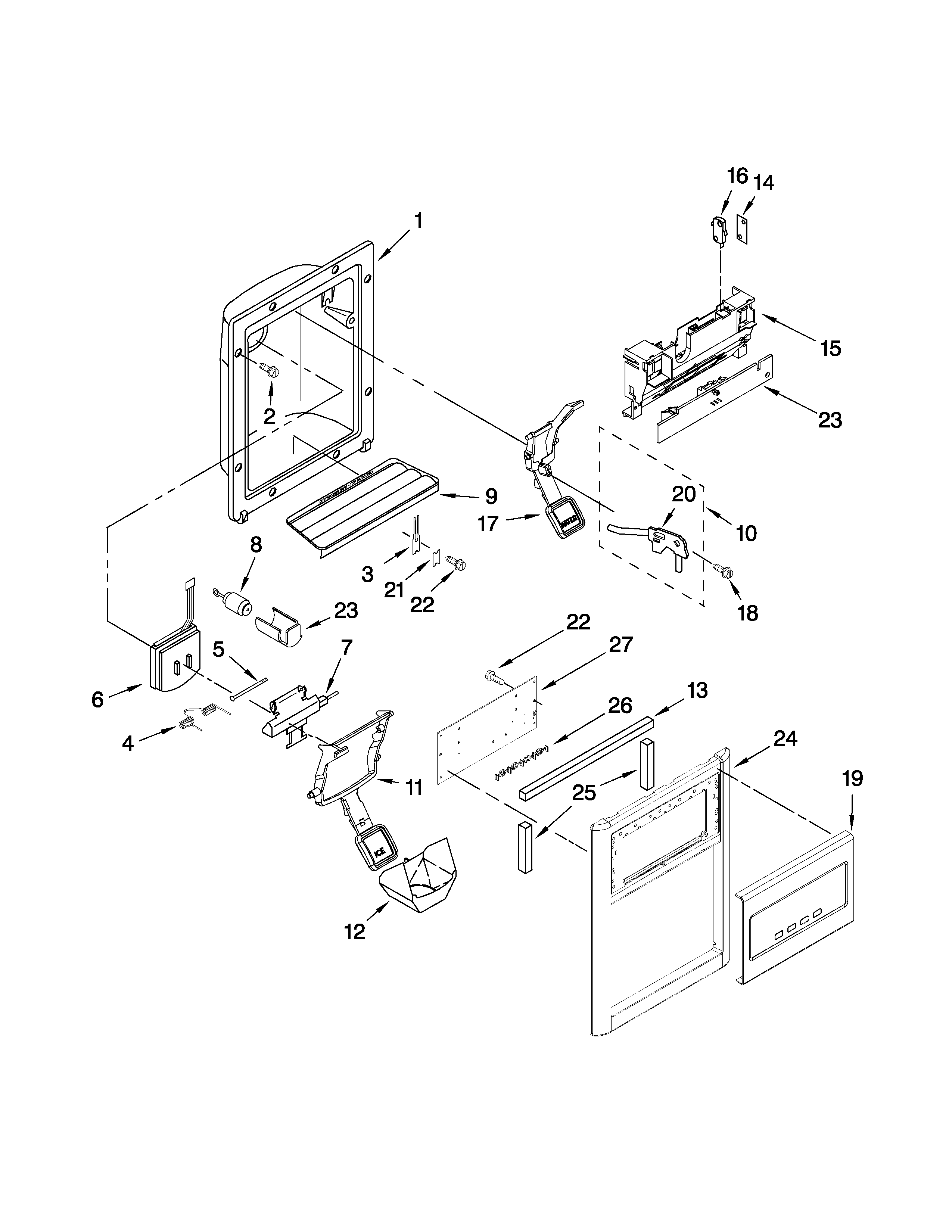Maytag MCD2358WEW01 dispenser front parts diagram