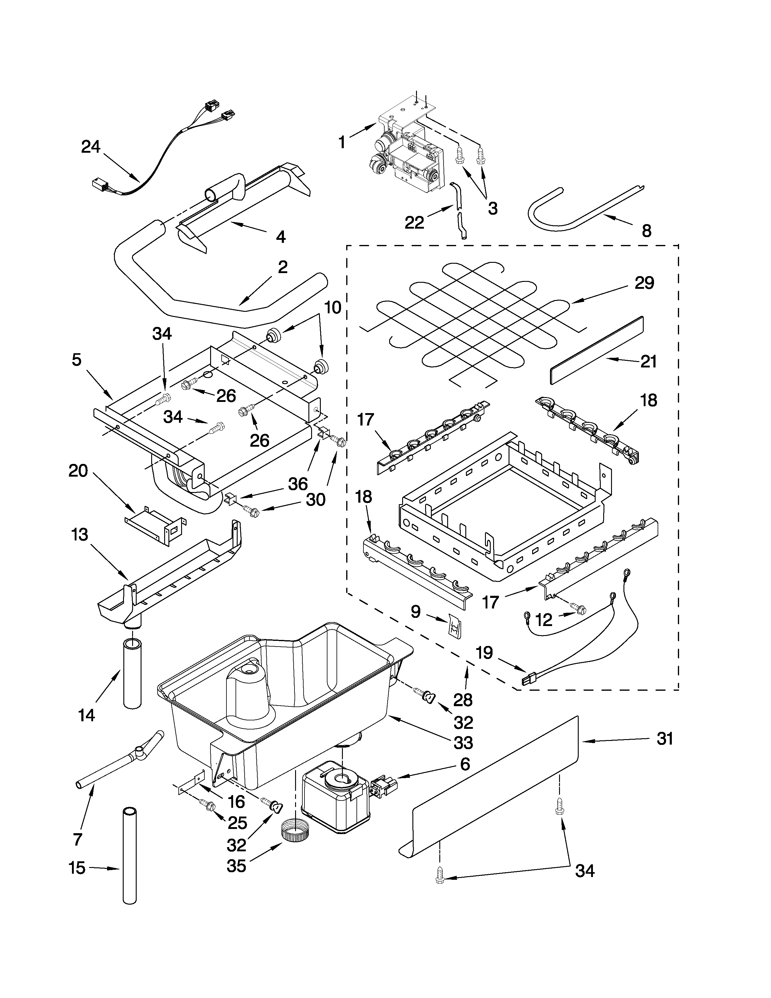 KitchenAid KUIC18PNTS4 evaporator, ice cutter grid and water parts diagram