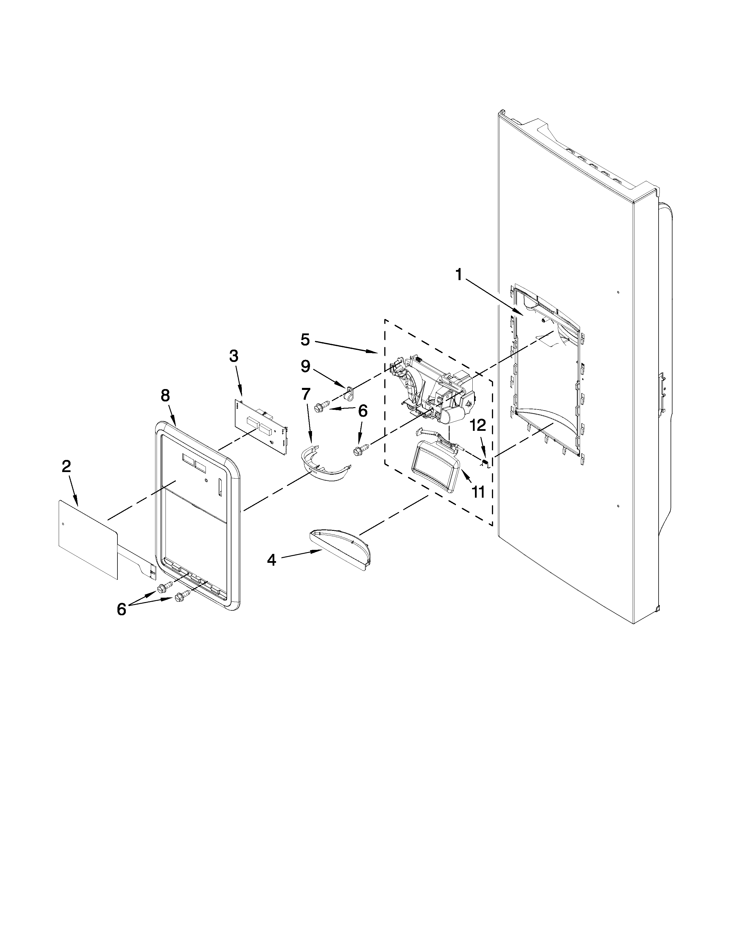 Whirlpool 7GI5FSAXVY3 dispenser front parts diagram