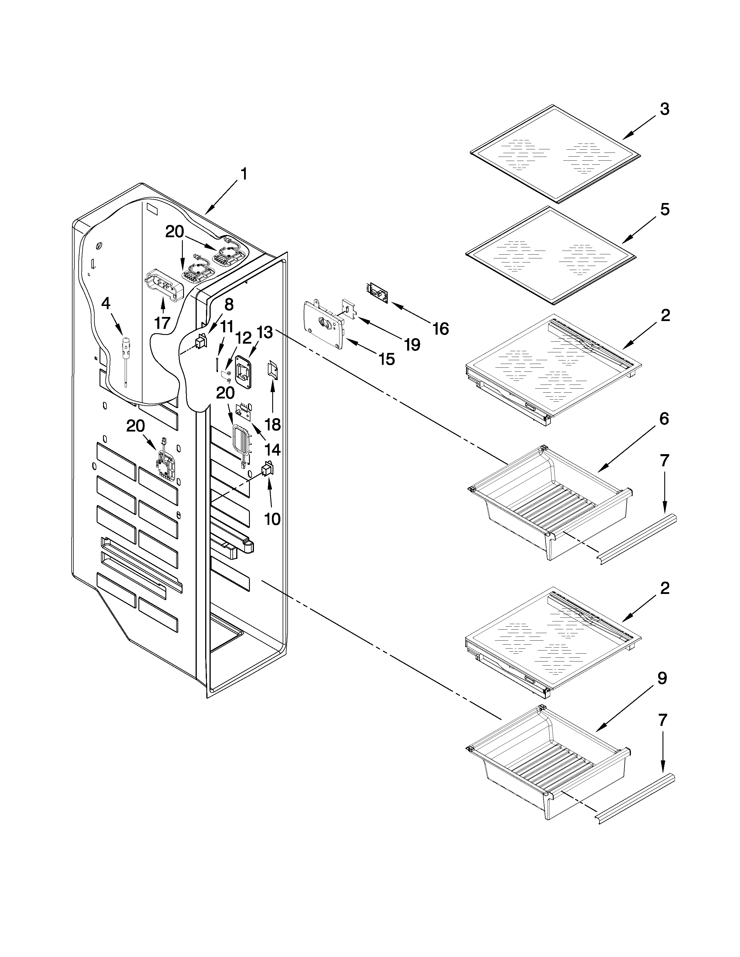Whirlpool 6WSC20C6XW00 freezer liner parts diagram