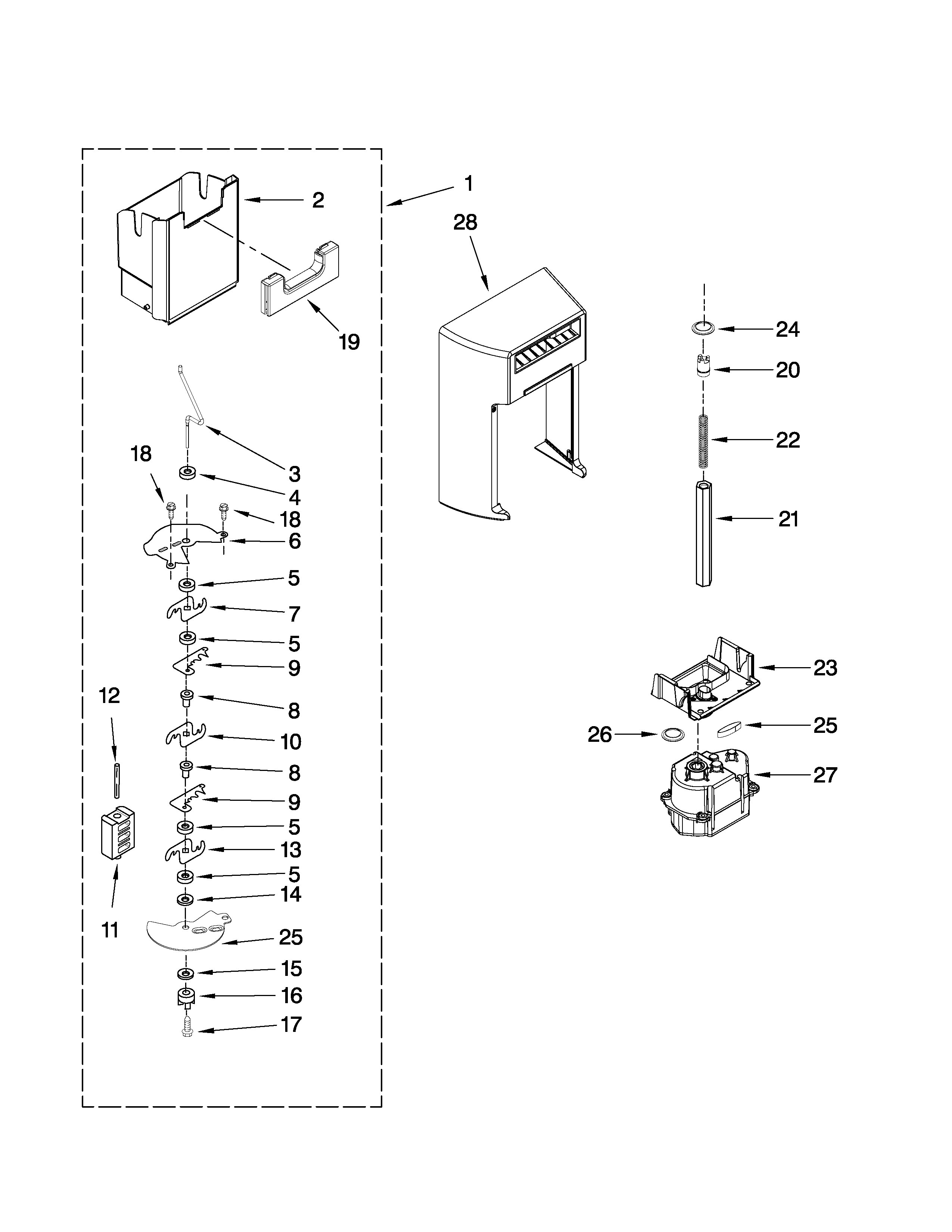 Whirlpool 6WSC20C6XW00 motor and ice container parts diagram
