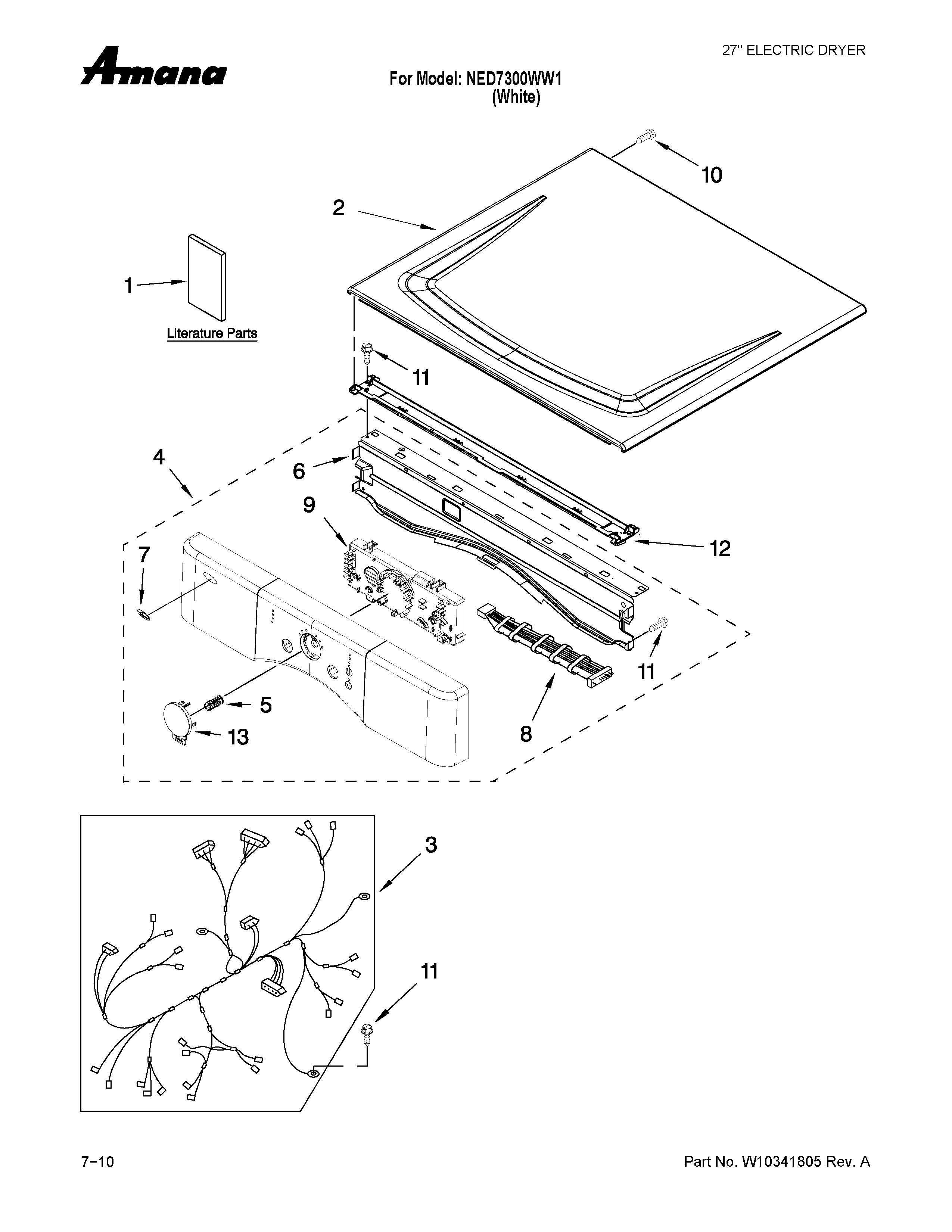 Amana NED7300WW1 top and console parts diagram