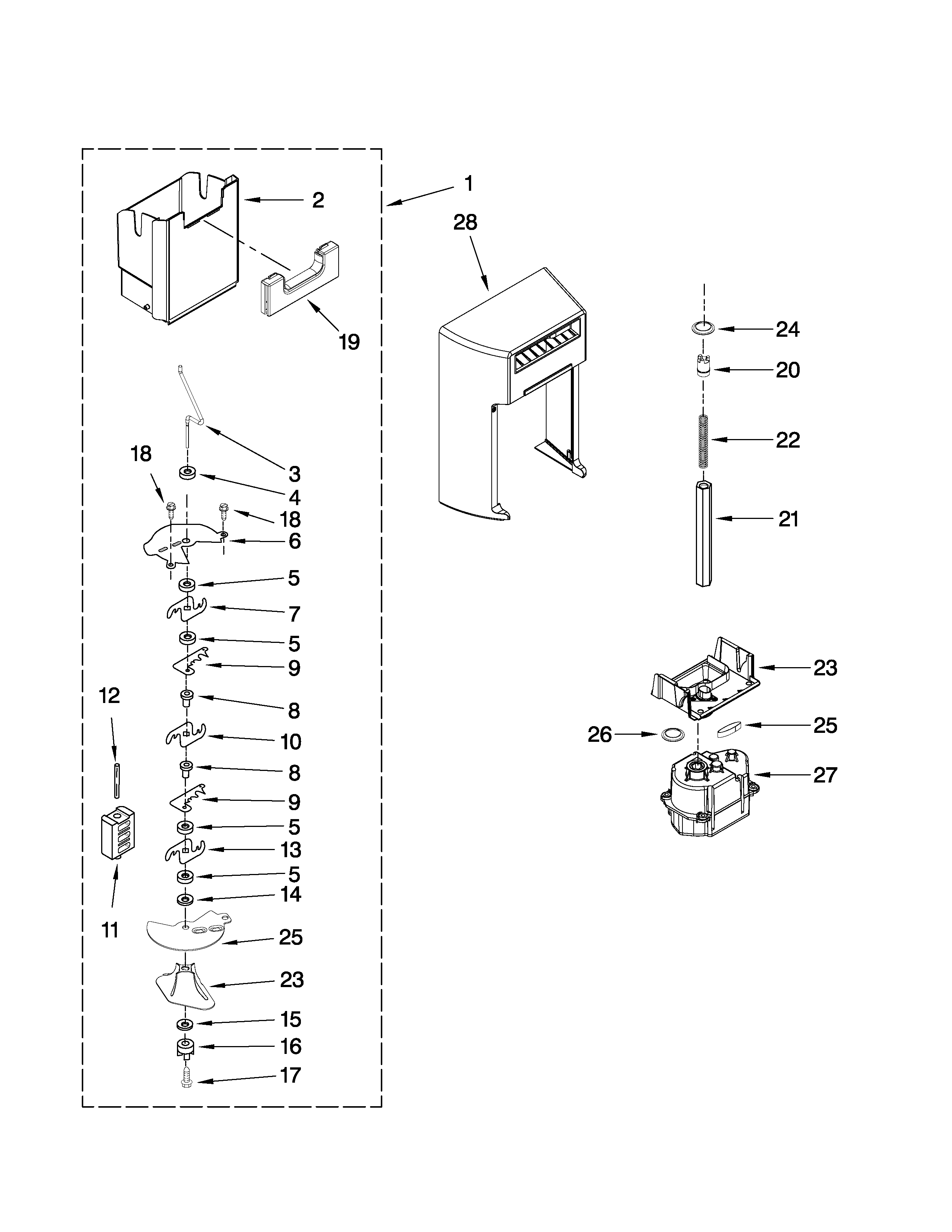 Whirlpool GSF26C5EXA00 motor and ice container parts diagram