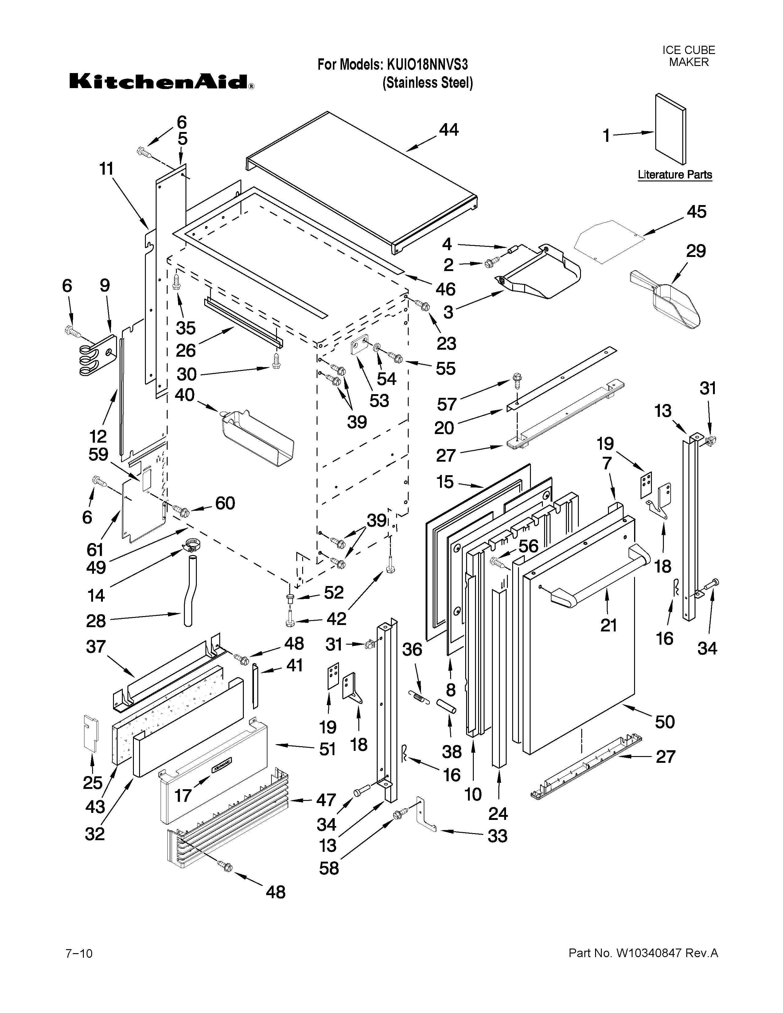 KitchenAid KUIO18NNVS3 cabinet liner and door parts diagram