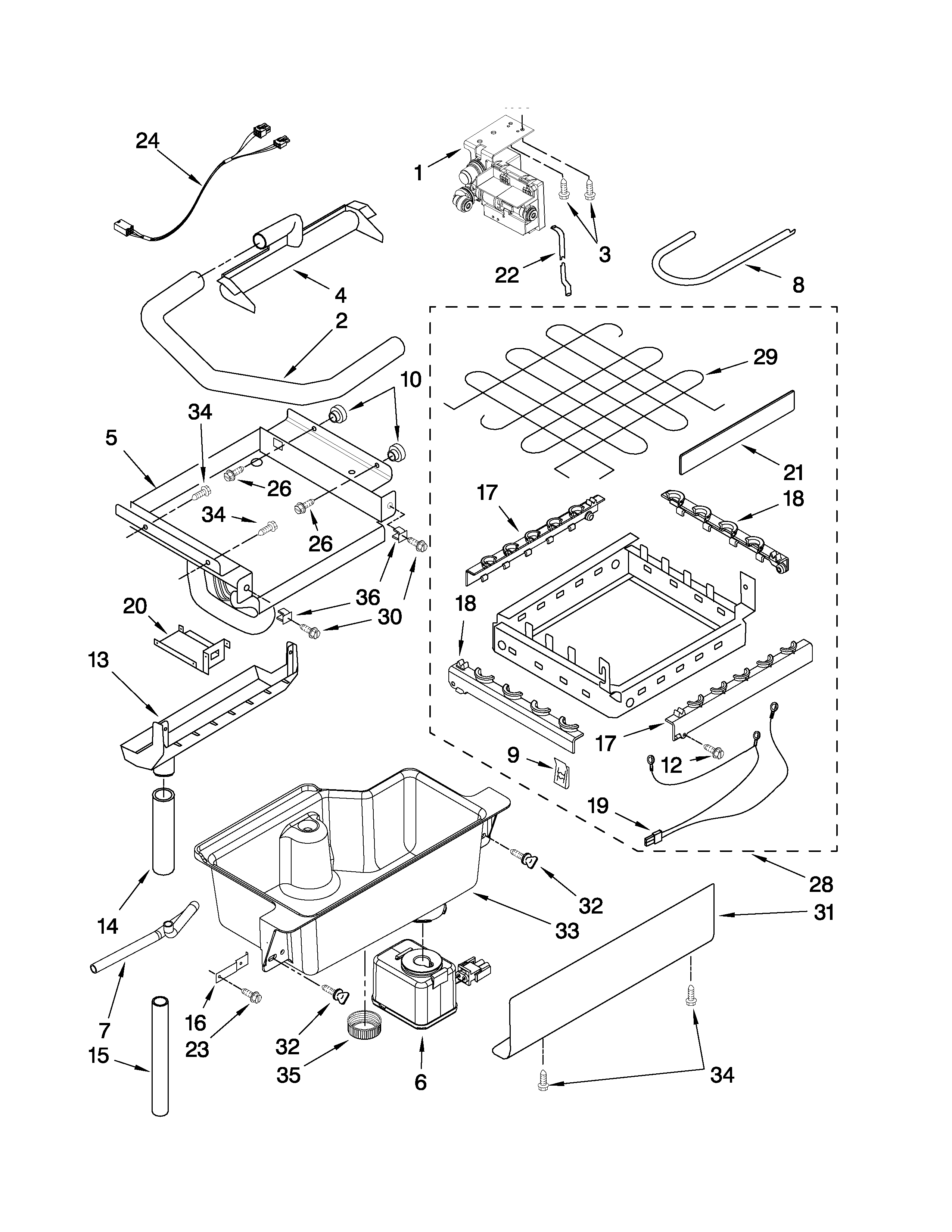 KitchenAid KUIO18NNVS3 evaporator, ice cutter grid and water parts diagram