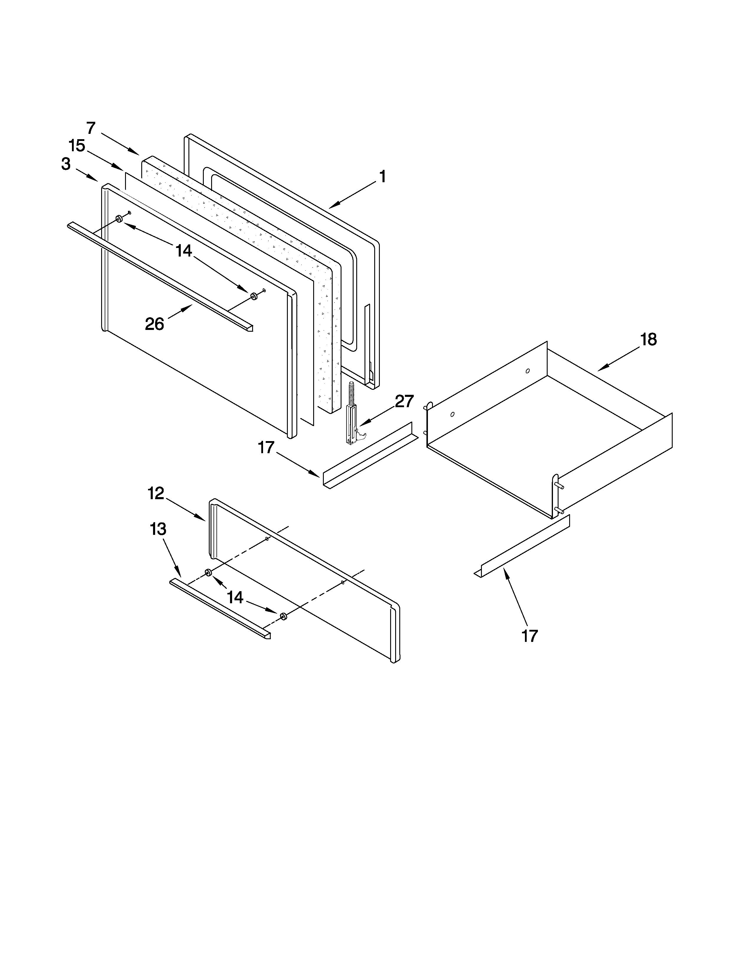 Whirlpool RF3010XEW2 oven door and drawer parts diagram