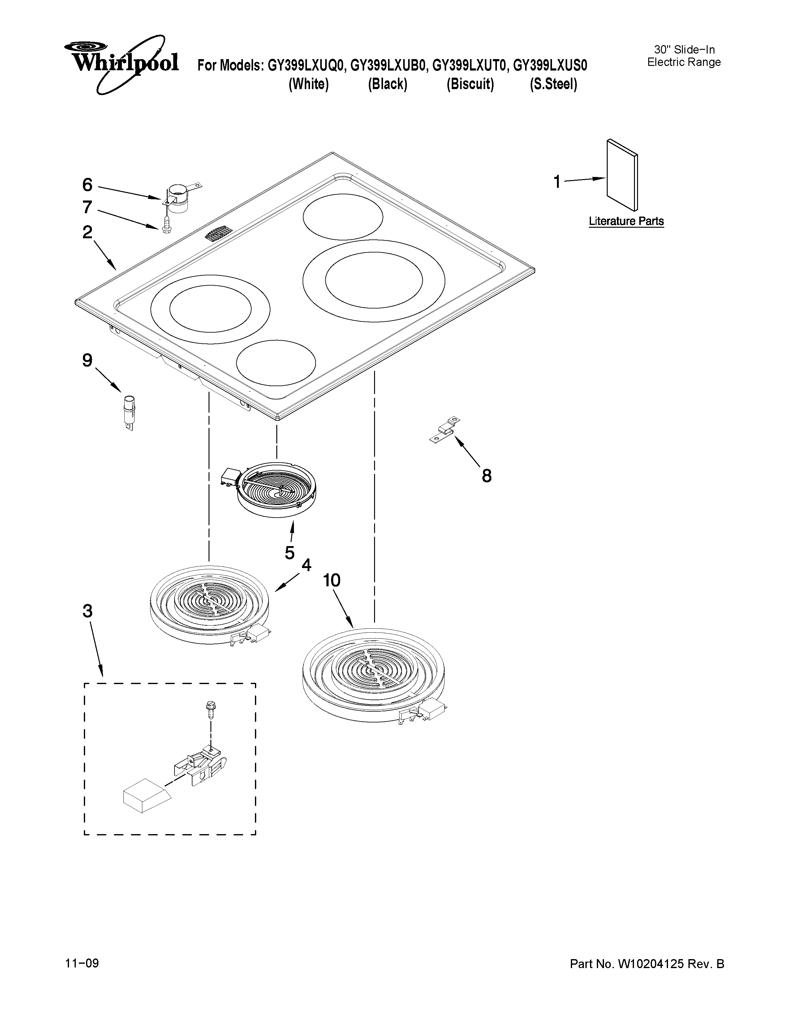 Whirlpool GY399LXUB0 cooktop parts diagram