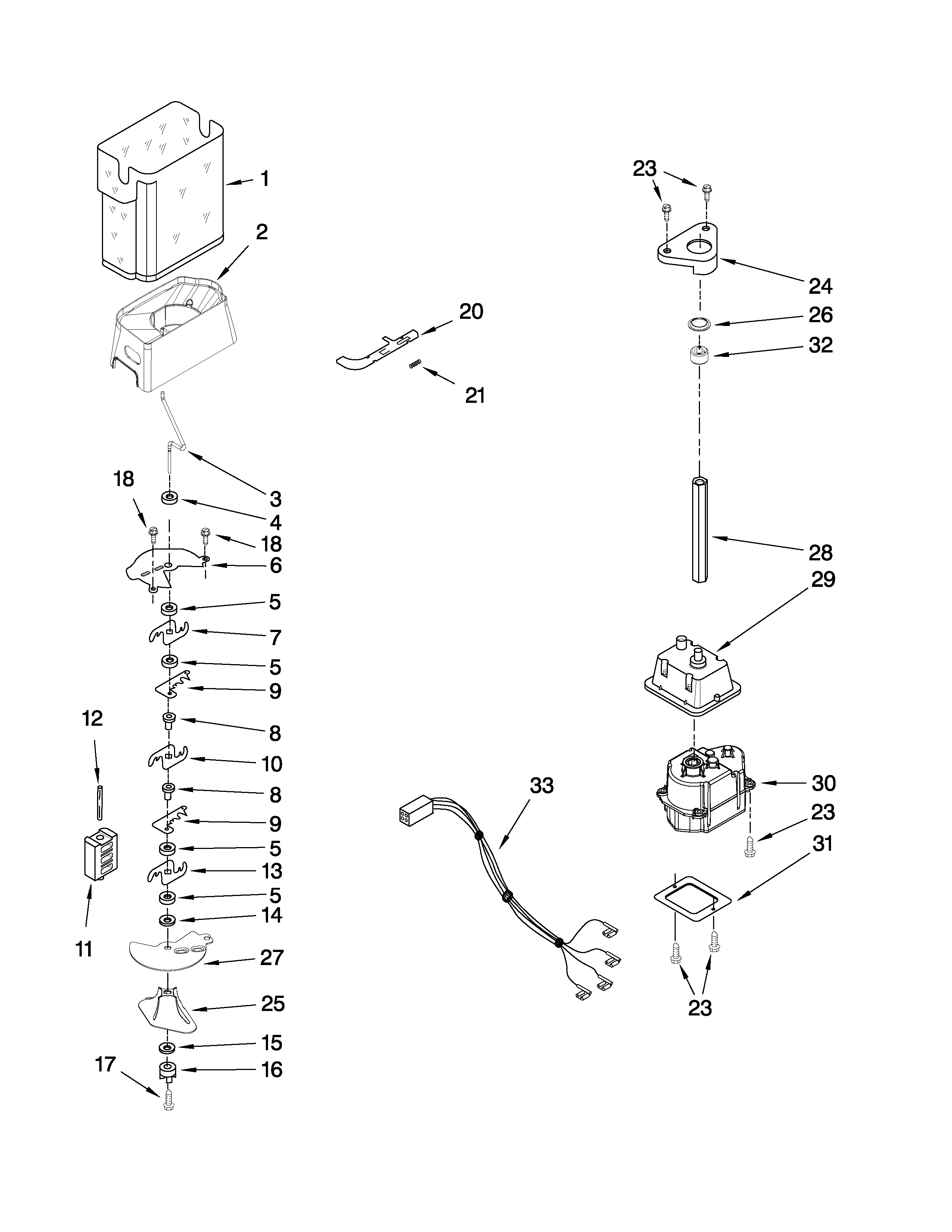 Whirlpool GC5SHAXVQ01 motor and ice container parts diagram