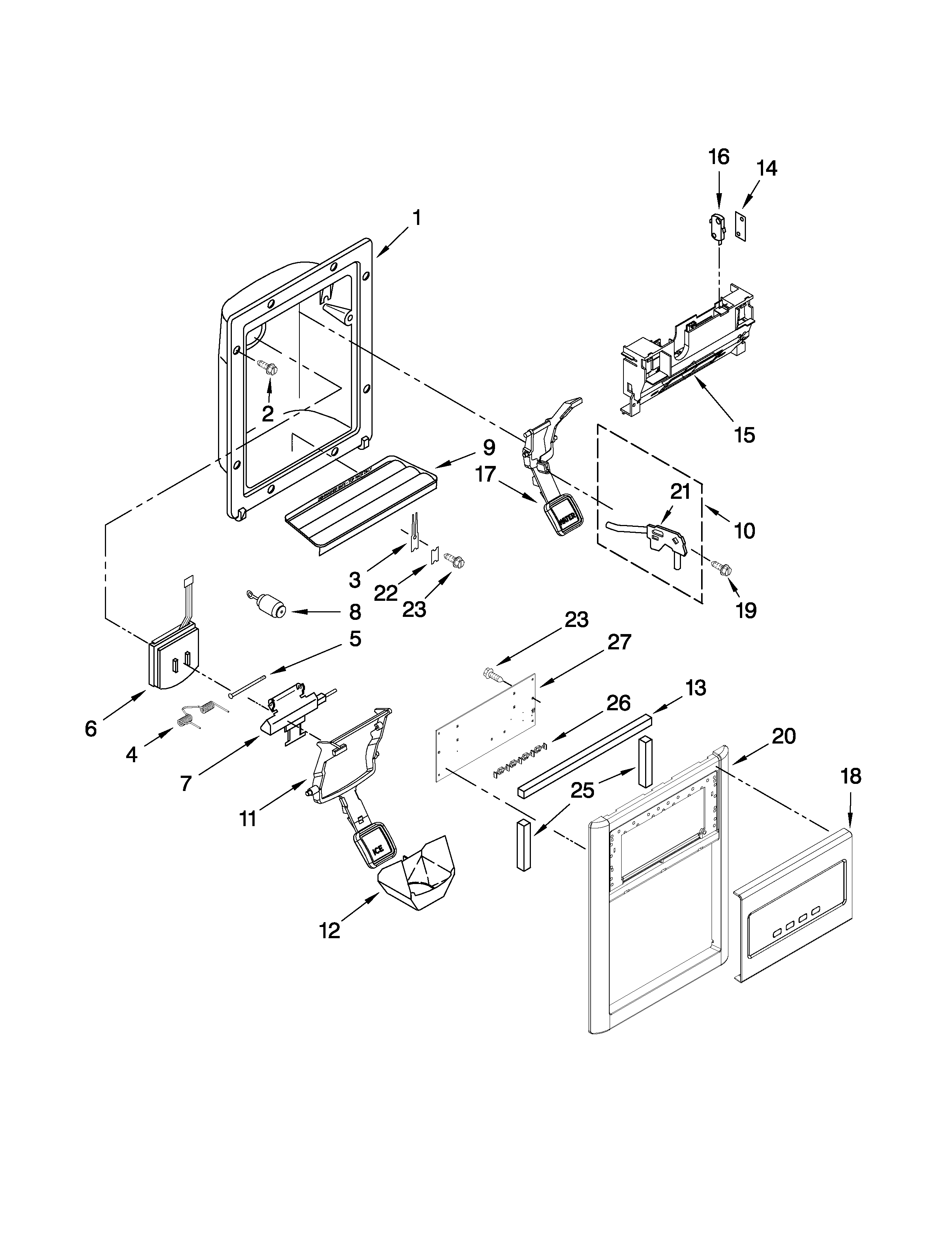 Whirlpool GC5SHAXVQ01 dispenser front parts diagram