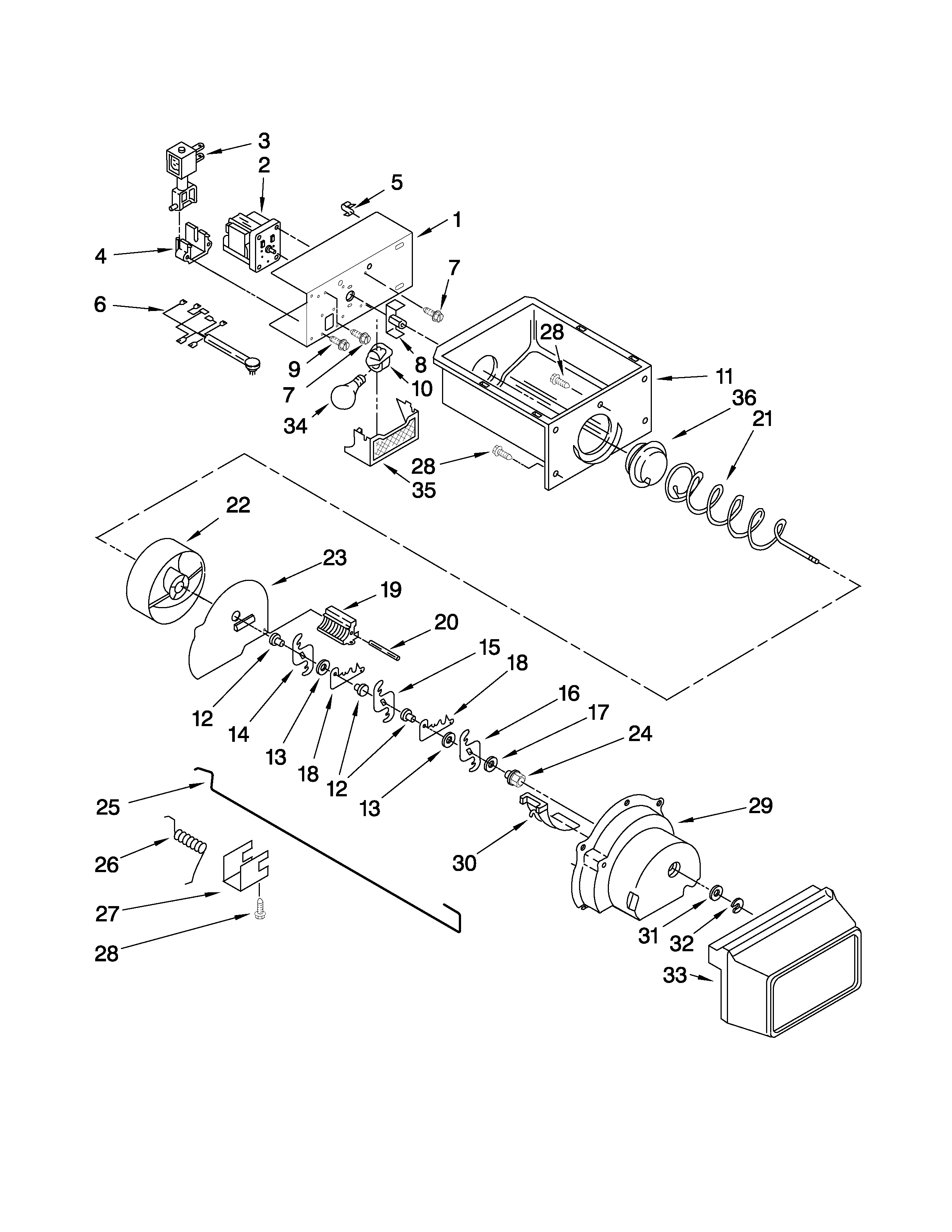 Amana ASD2522WRB03 motor and ice container parts diagram