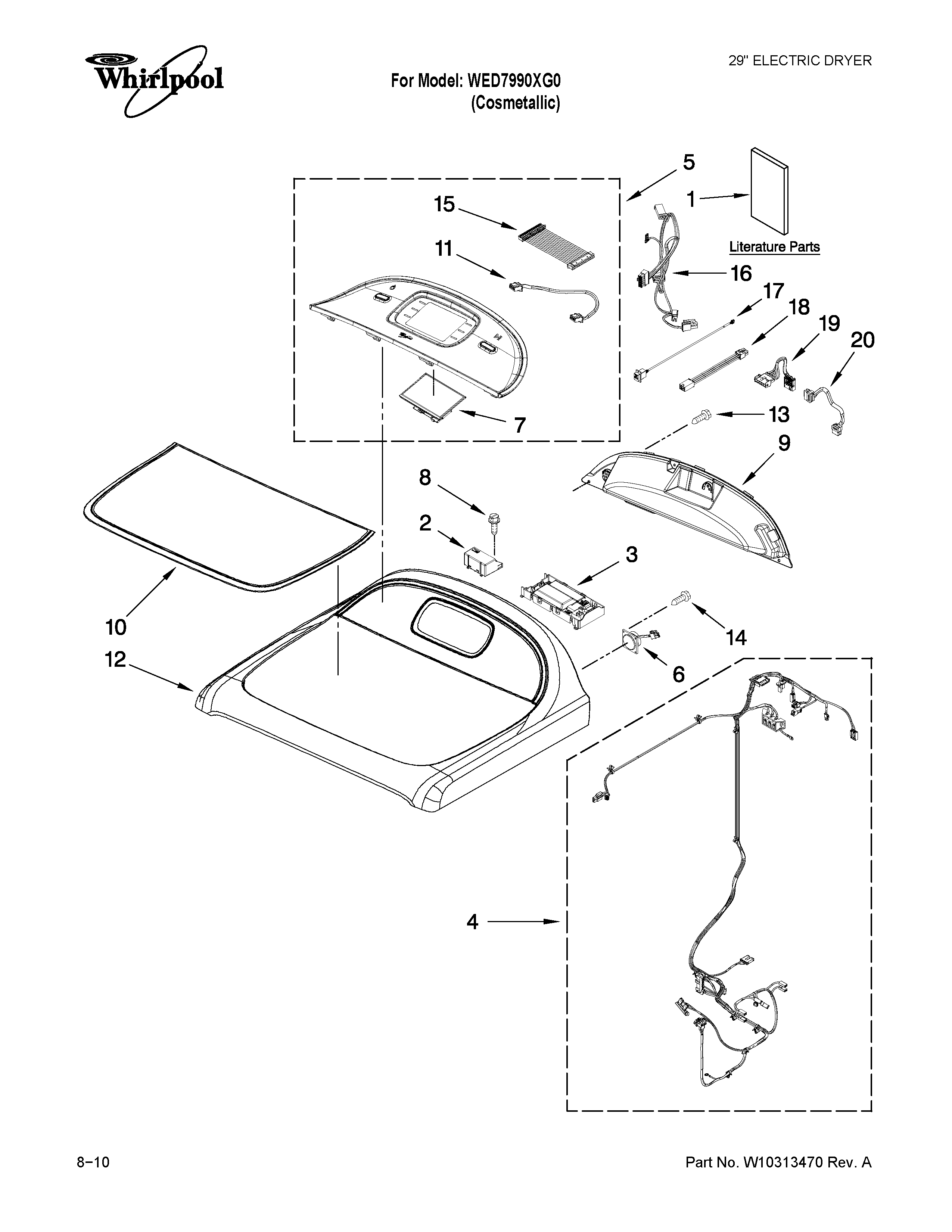 Whirlpool WED7990XG0 top and console parts diagram