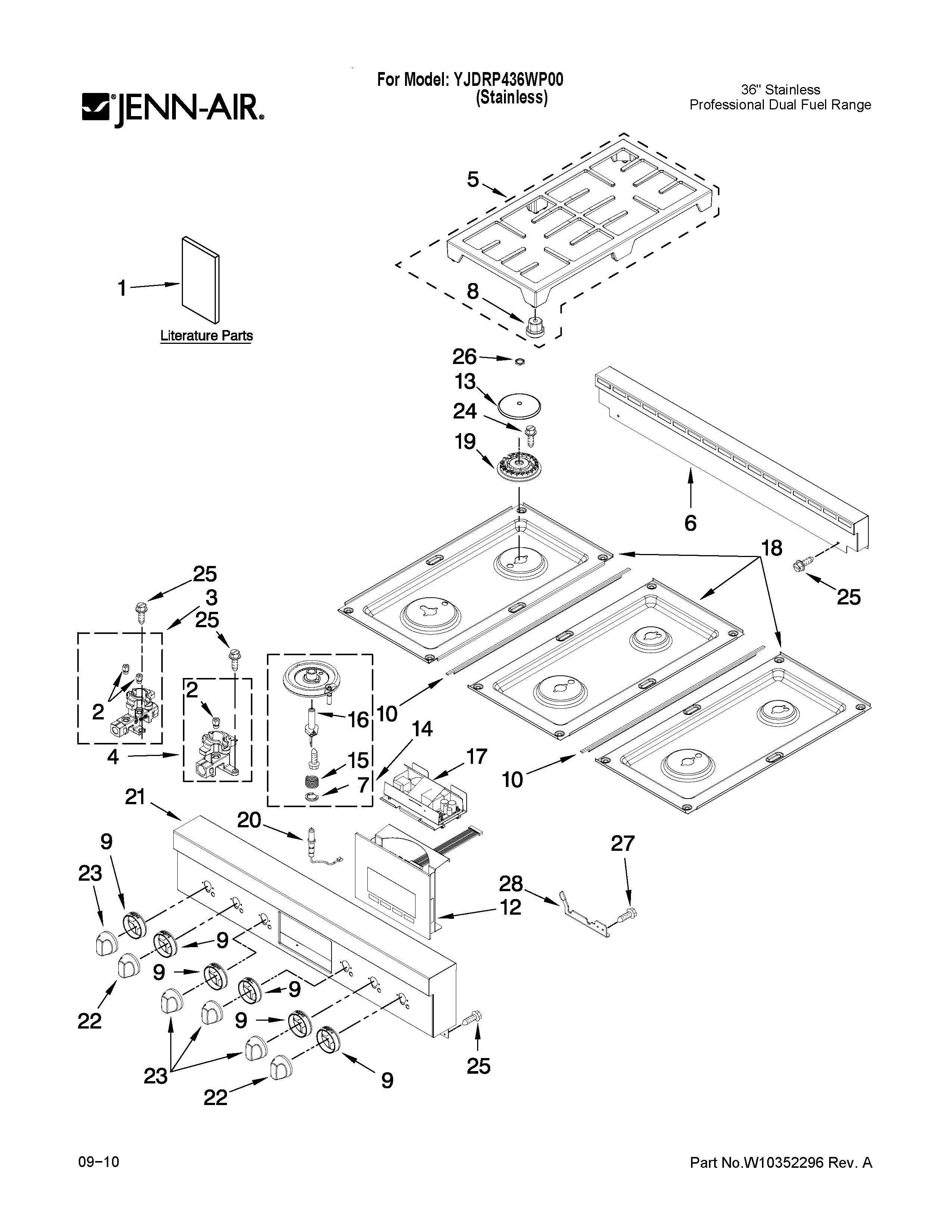 Jenn-Air YJDRP436WP00 cooktop, burner and grate parts diagram