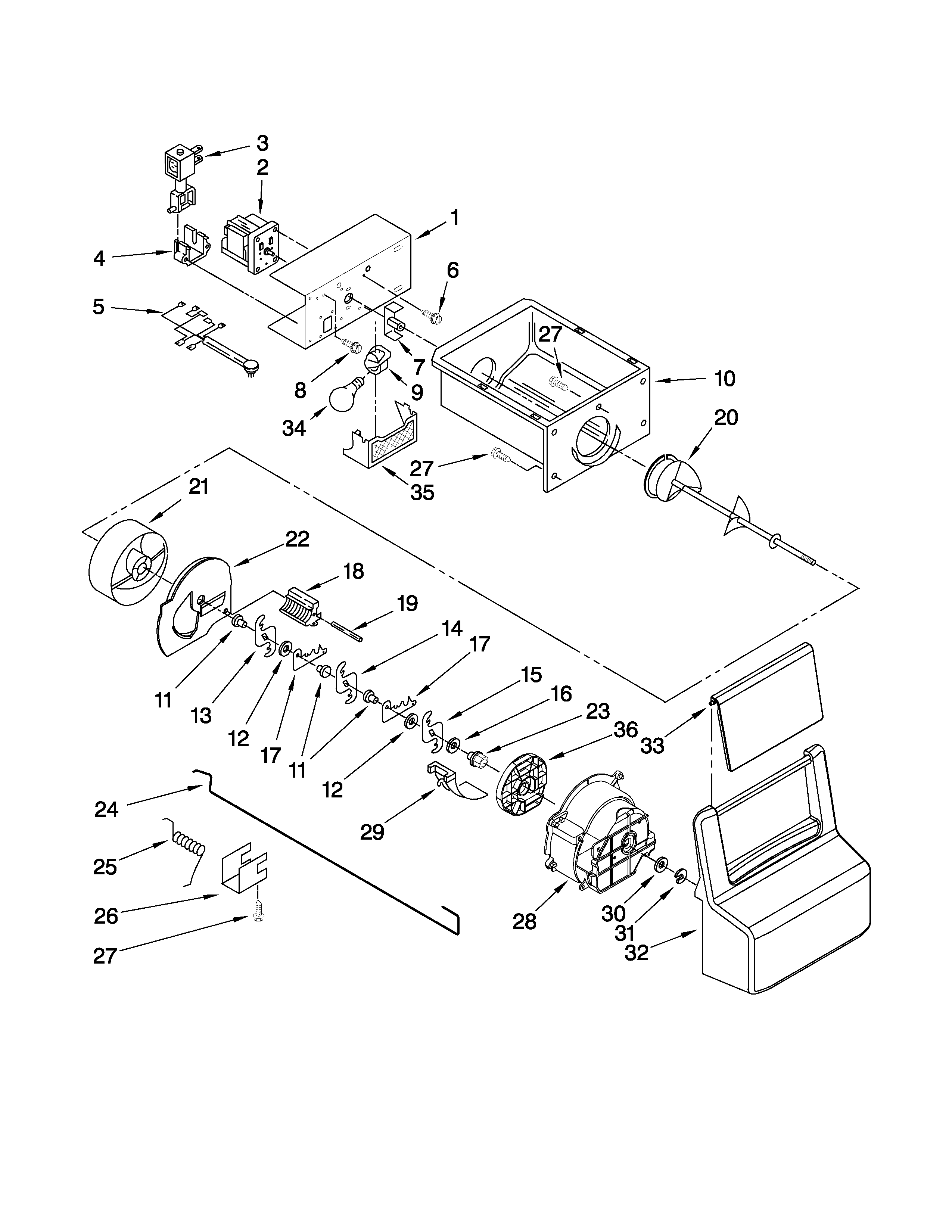 Maytag MSD2576VEM01 motor and ice container parts diagram