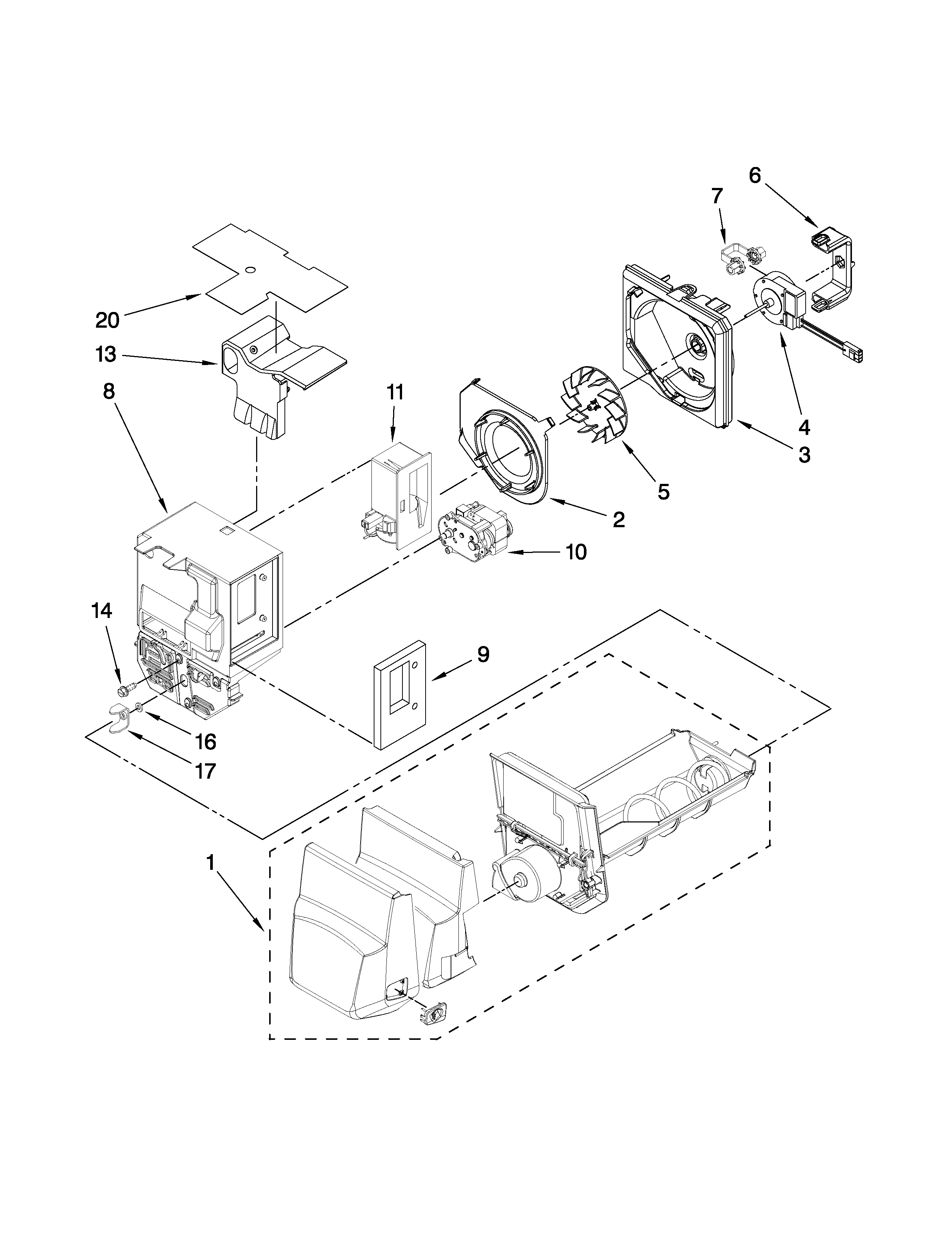 KitchenAid KFIS20XVWH2 motor and ice container partsc diagram