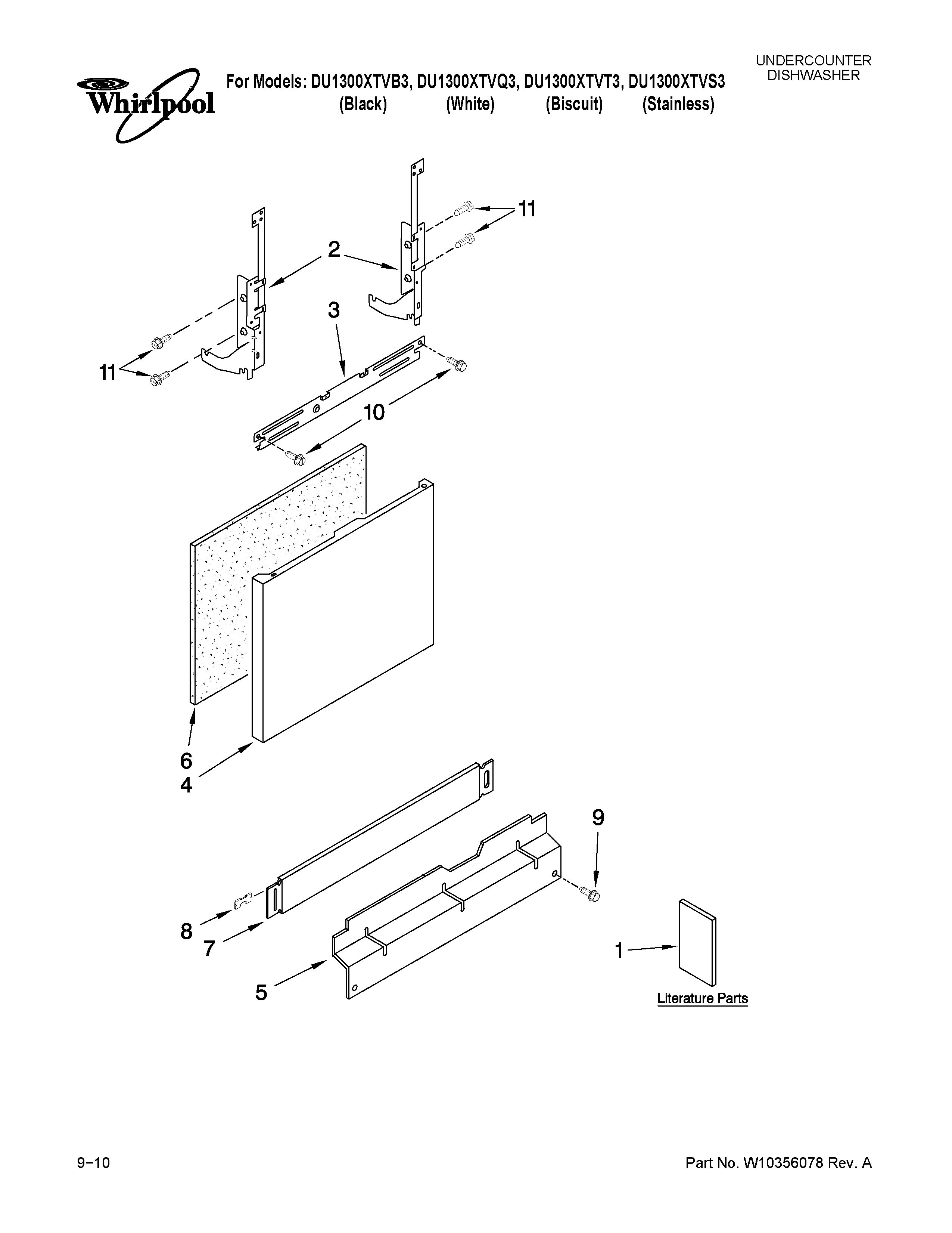 Whirlpool DU1300XTVQ3 door and panel parts diagram