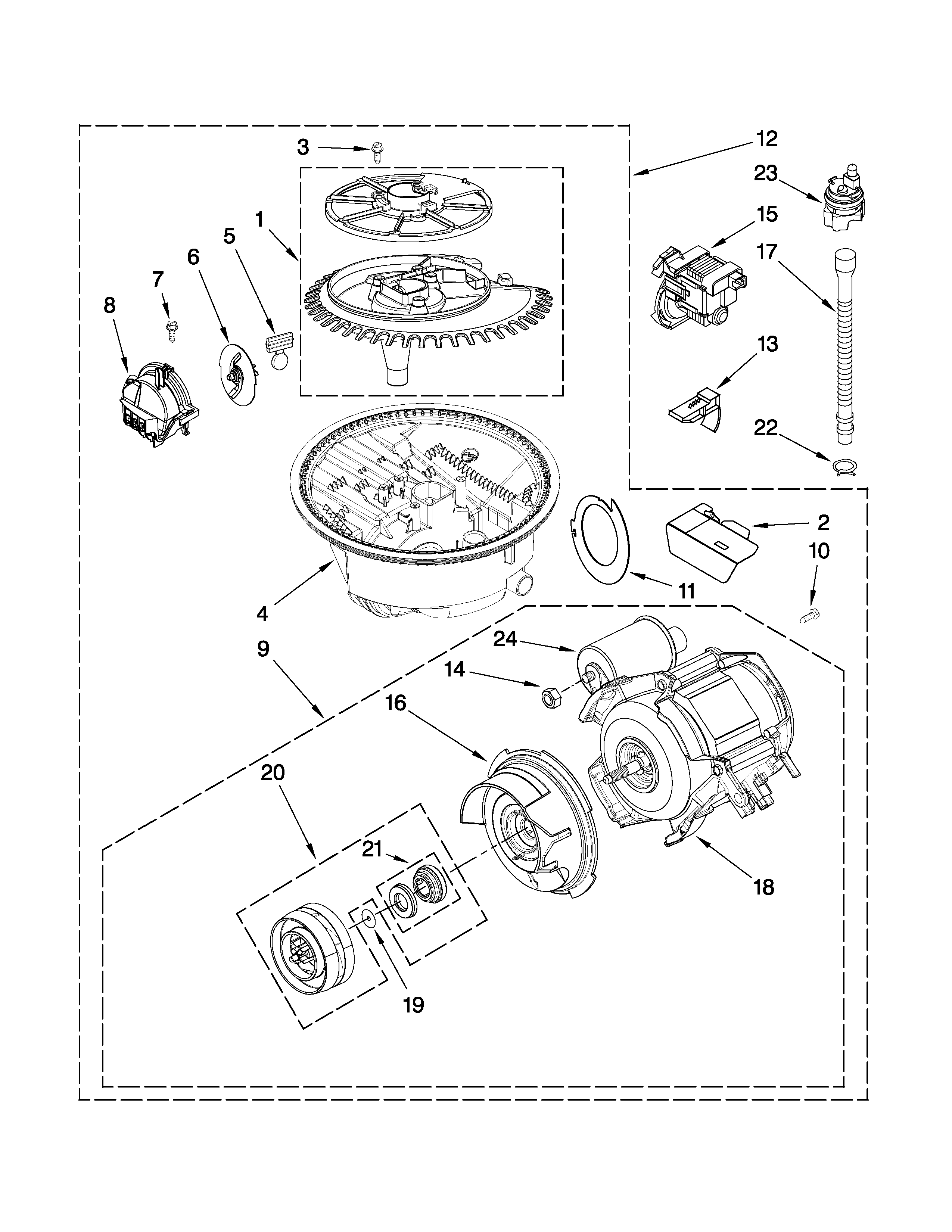 Whirlpool DU1300XTVQ3 pump and motor parts diagram