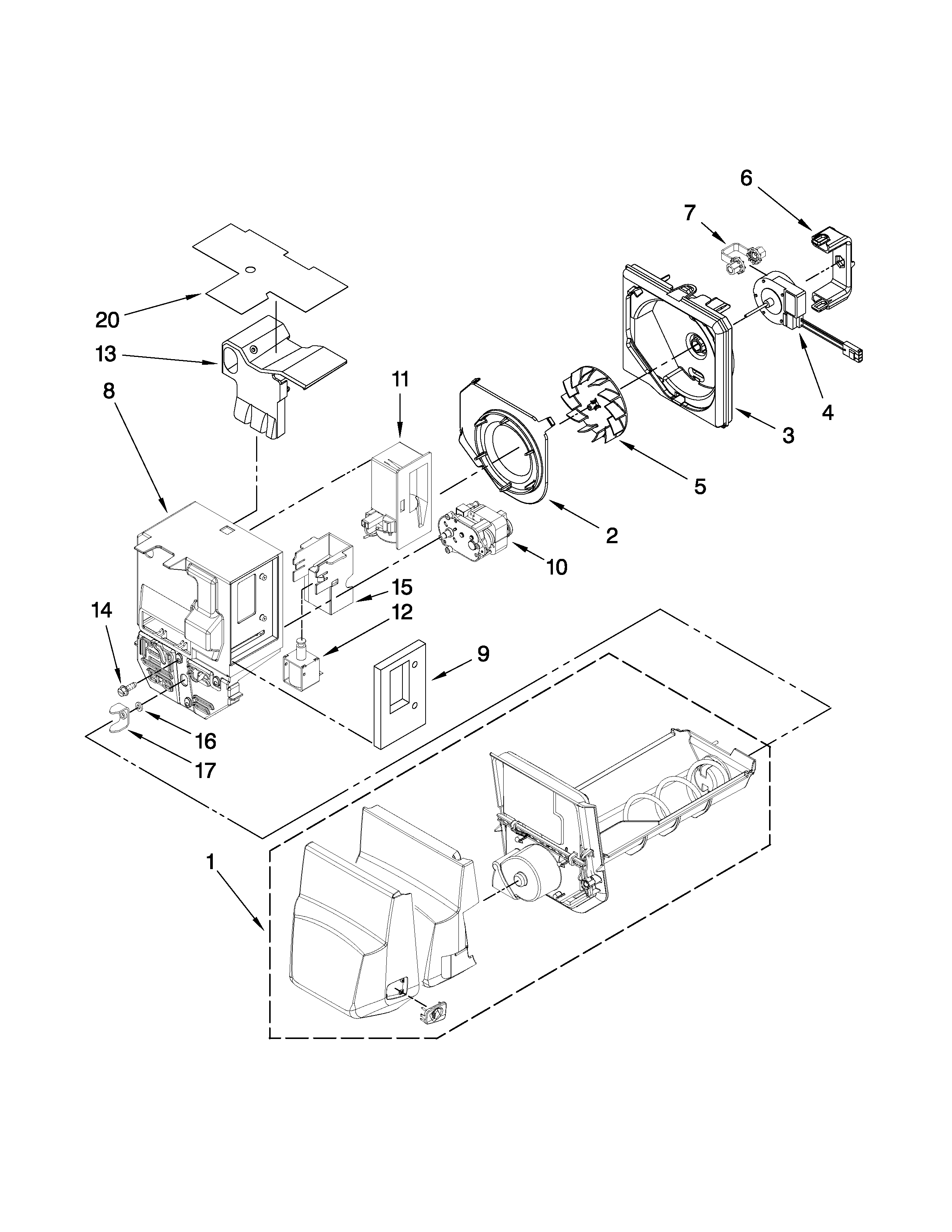 Whirlpool GI6FARXXY00 motor and ice container parts diagram