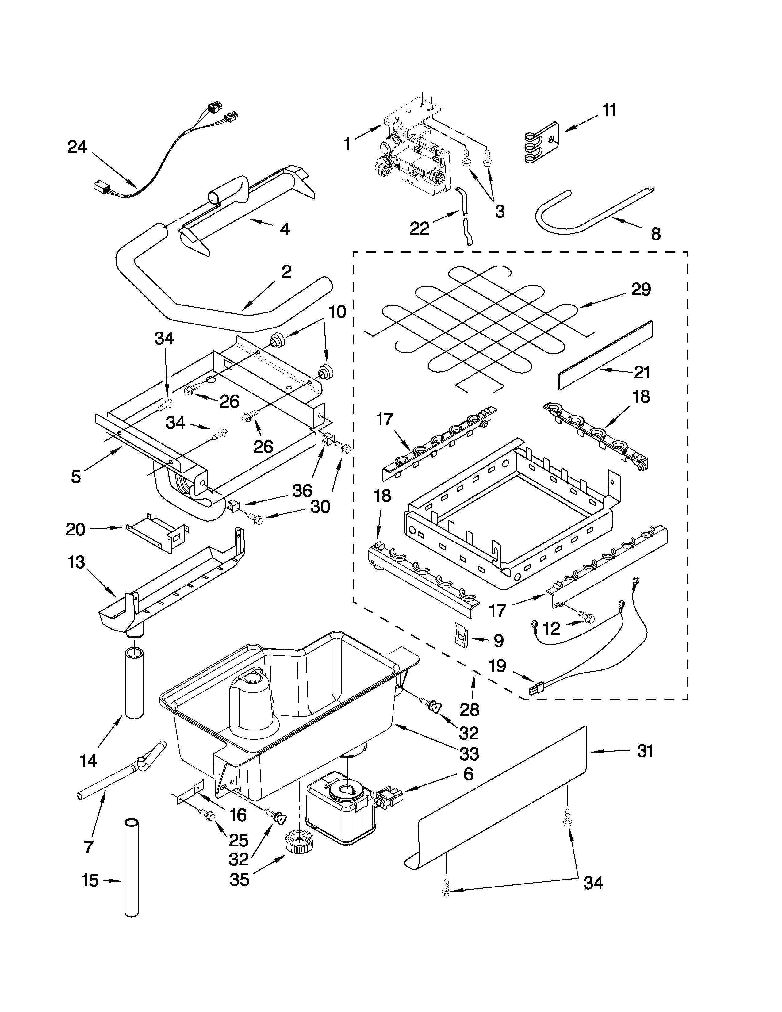 KitchenAid KUIS18PNTB4 evaporator, ice cutter grid and water parts diagram