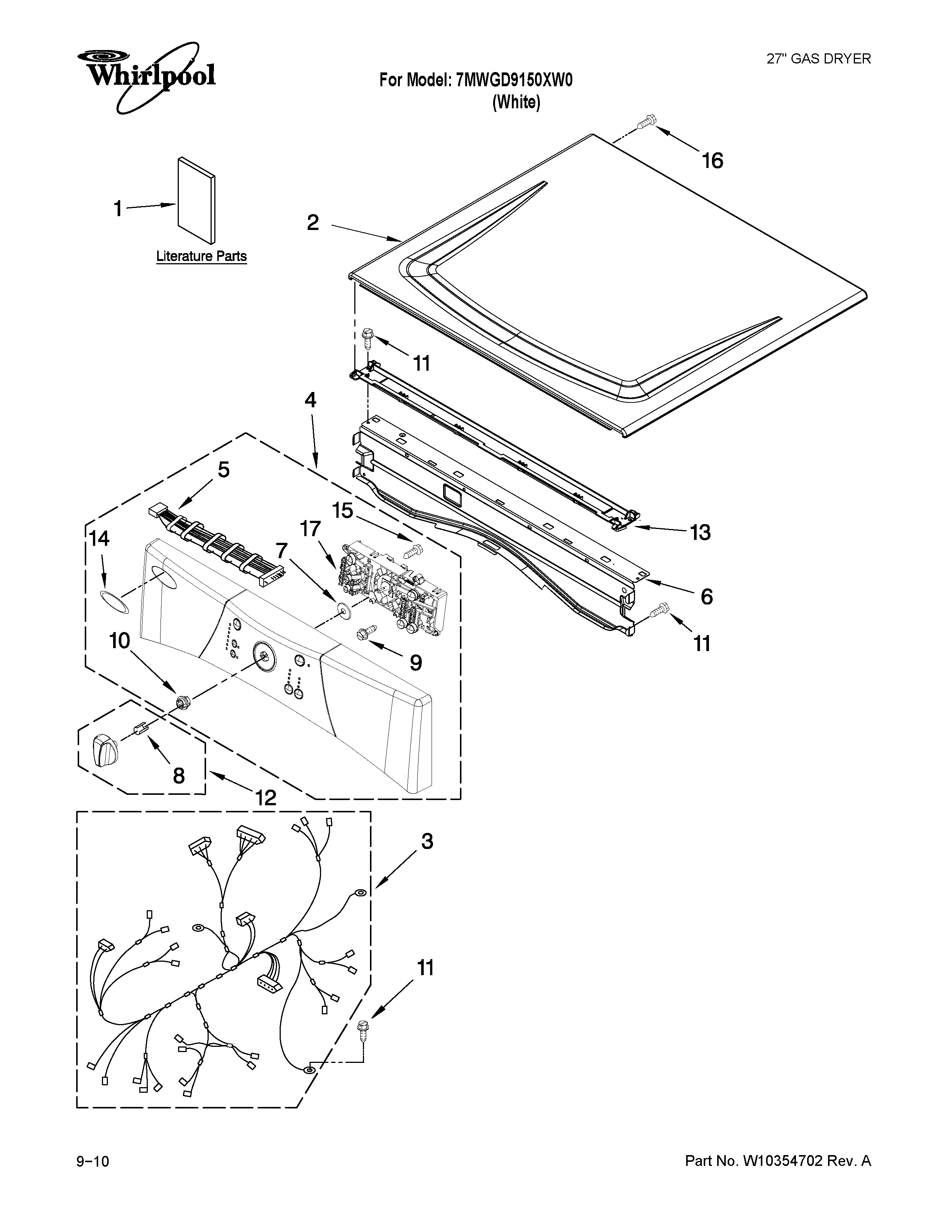 Whirlpool 7MWGD9150XW0 top and console parts diagram
