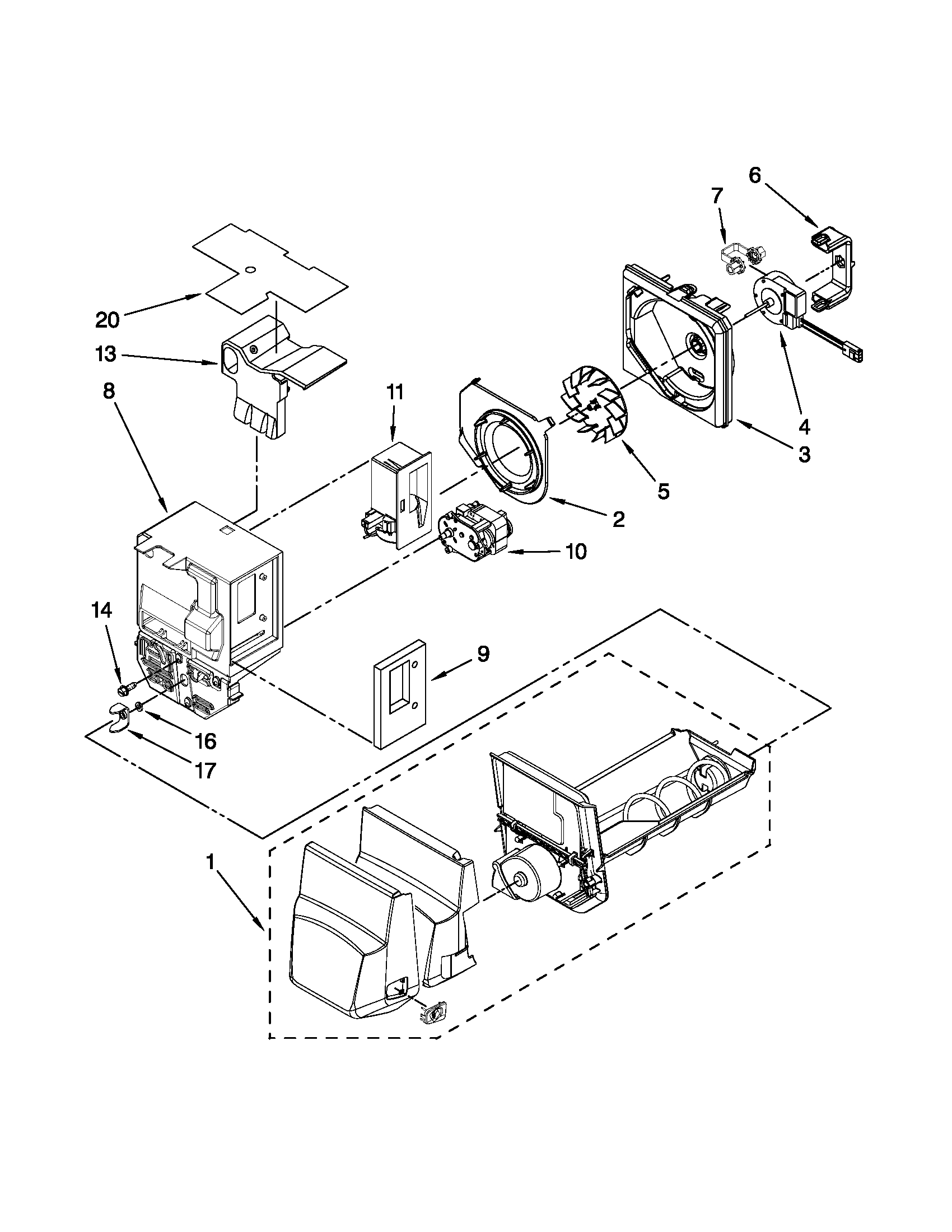 Maytag MFI2569VEW2 motor and ice container parts diagram