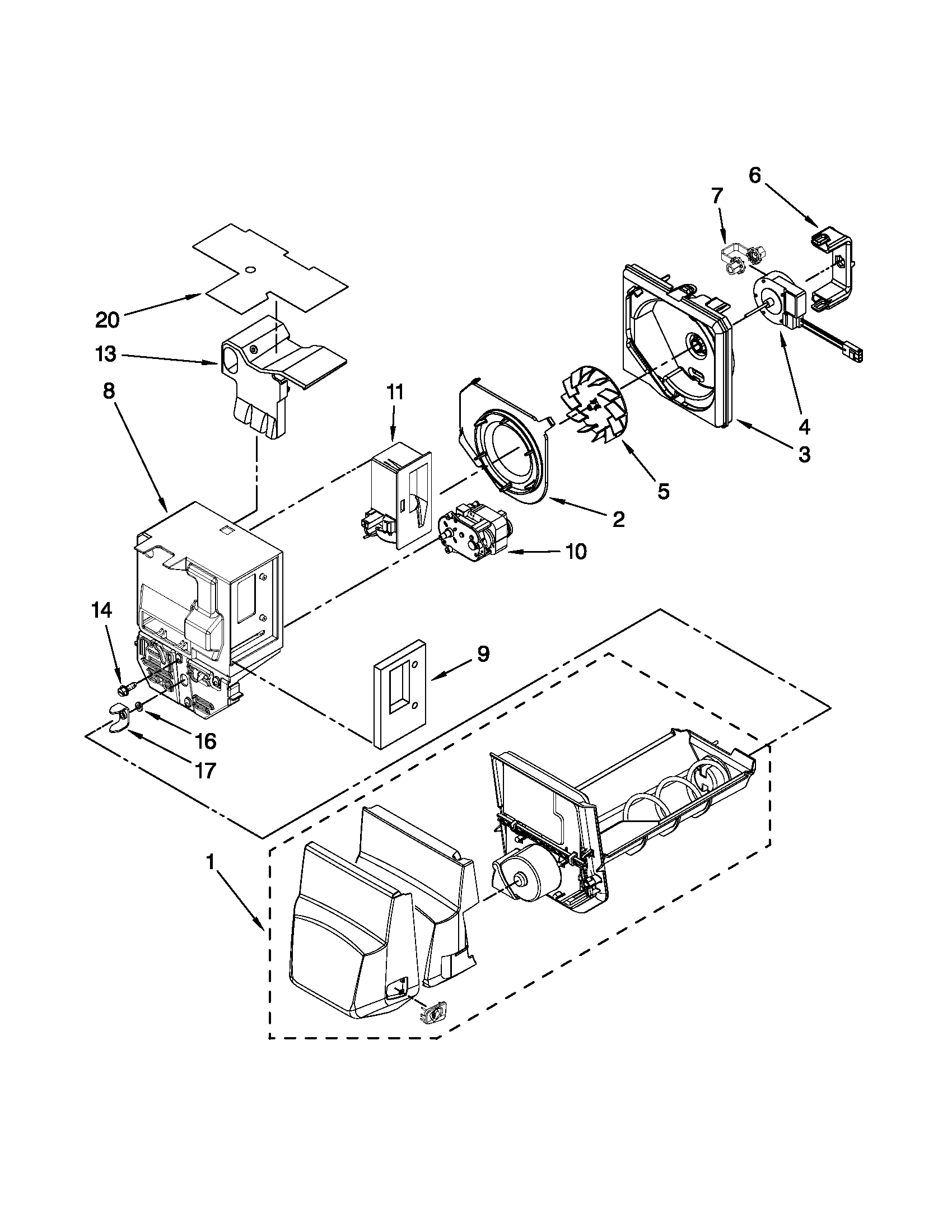 KitchenAid KFIS25XVMS4 motor and ice container parts diagram