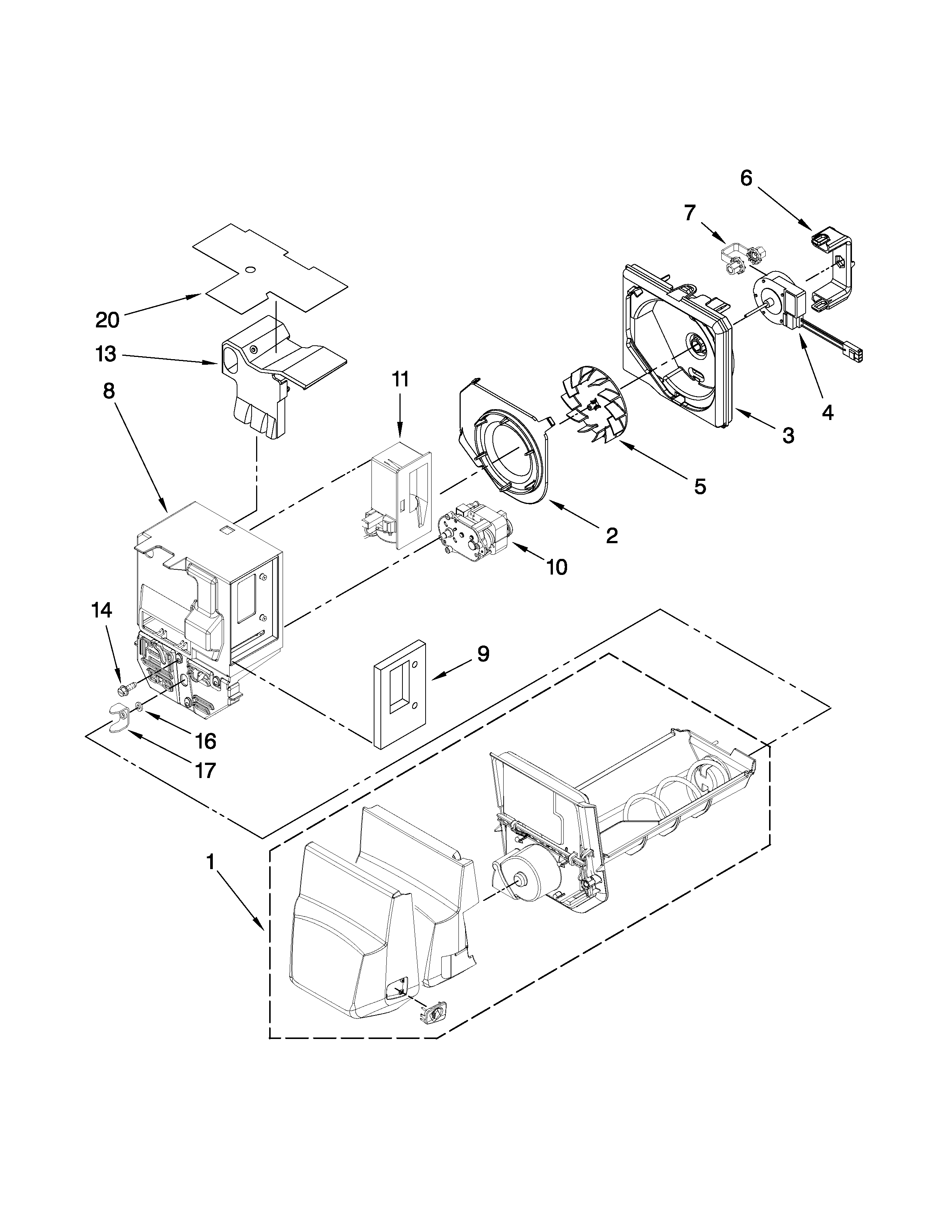Maytag MFI2670XEB1 motor and ice container parts diagram