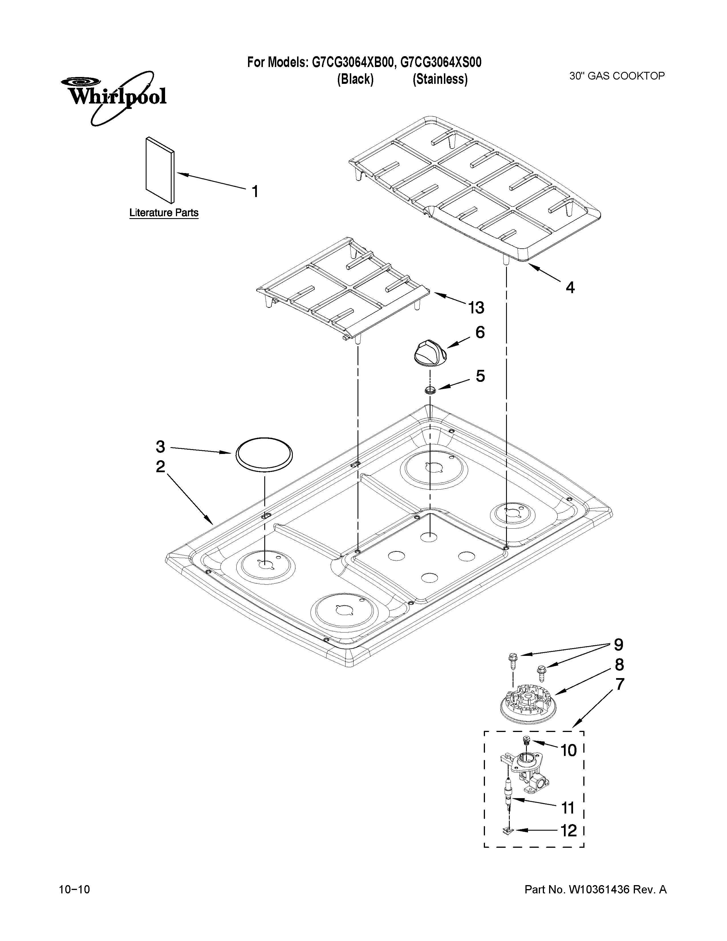 Whirlpool G7CG3064XS00 cooktop, burner and grate parts diagram