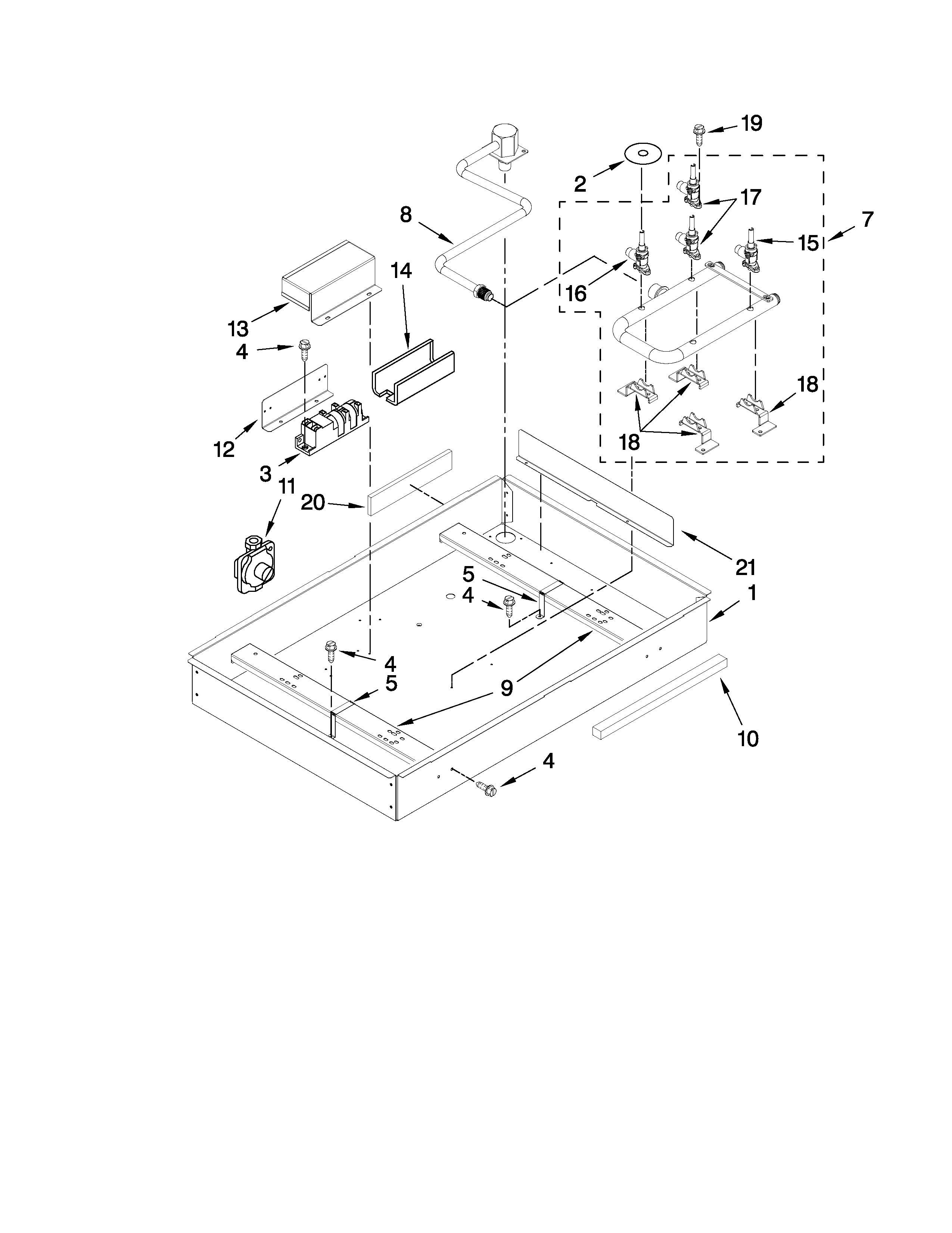 Whirlpool G7CG3064XS00 burner box, gas valves, and switches diagram