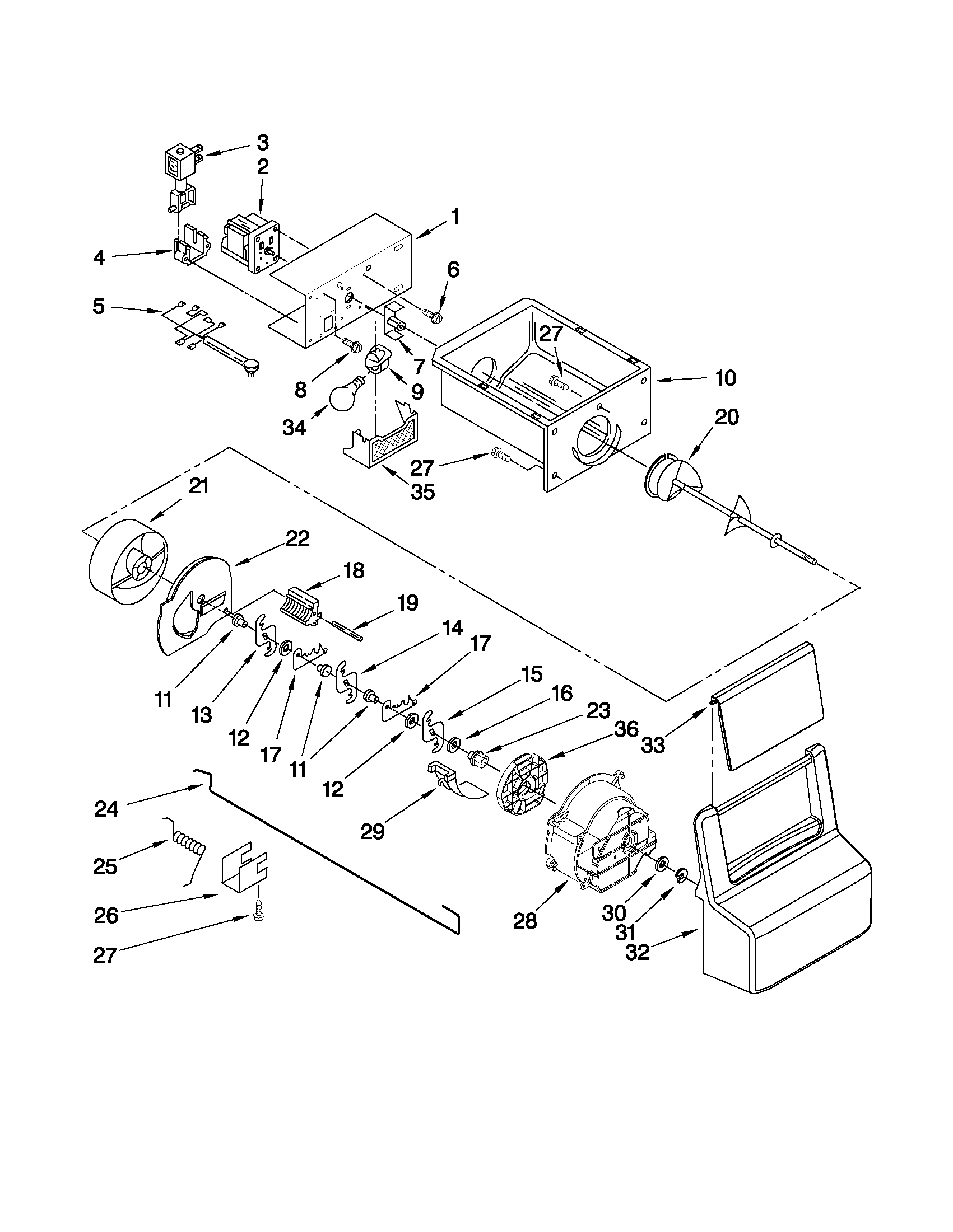 Maytag MSD2574VEM10 motor and ice container parts diagram