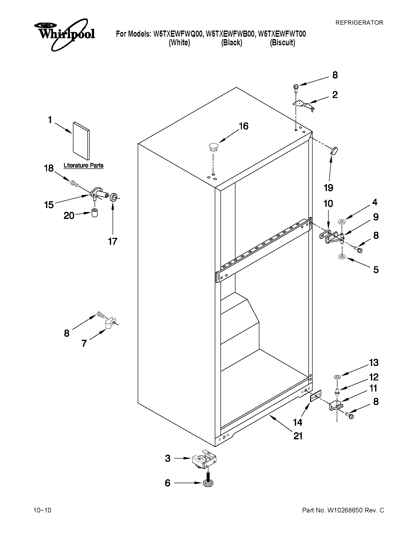 Whirlpool W5TXEWFWT00 cabinet parts diagram