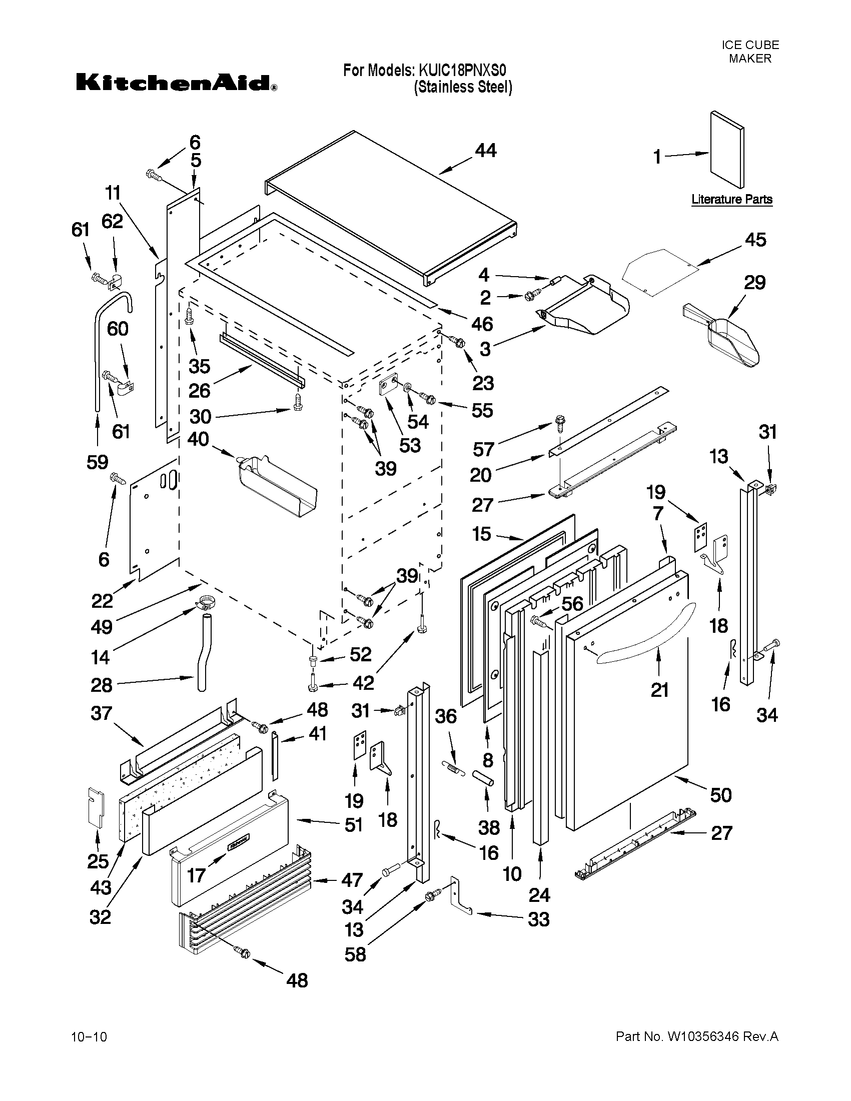 KitchenAid KUIC18PNXS0 cabinet liner and door parts diagram