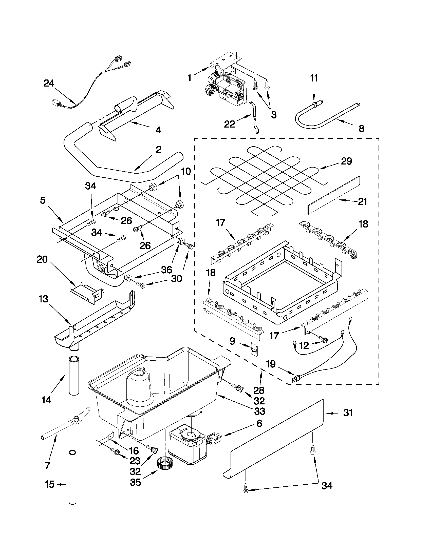 KitchenAid KUIS18NNXS0 evaporator, ice cutter grid and water parts diagram