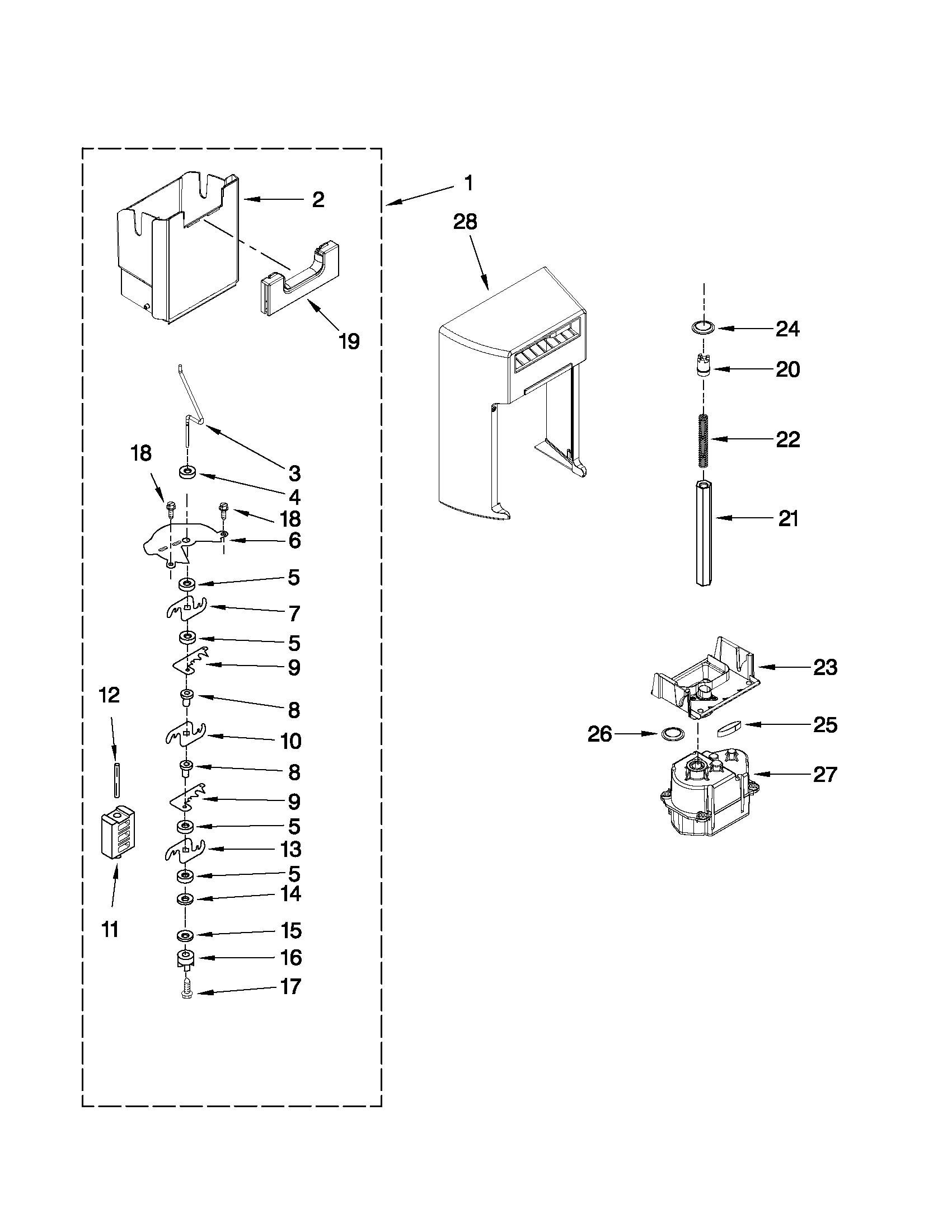 Whirlpool 7GSC22C6XA00 motor and ice container parts diagram