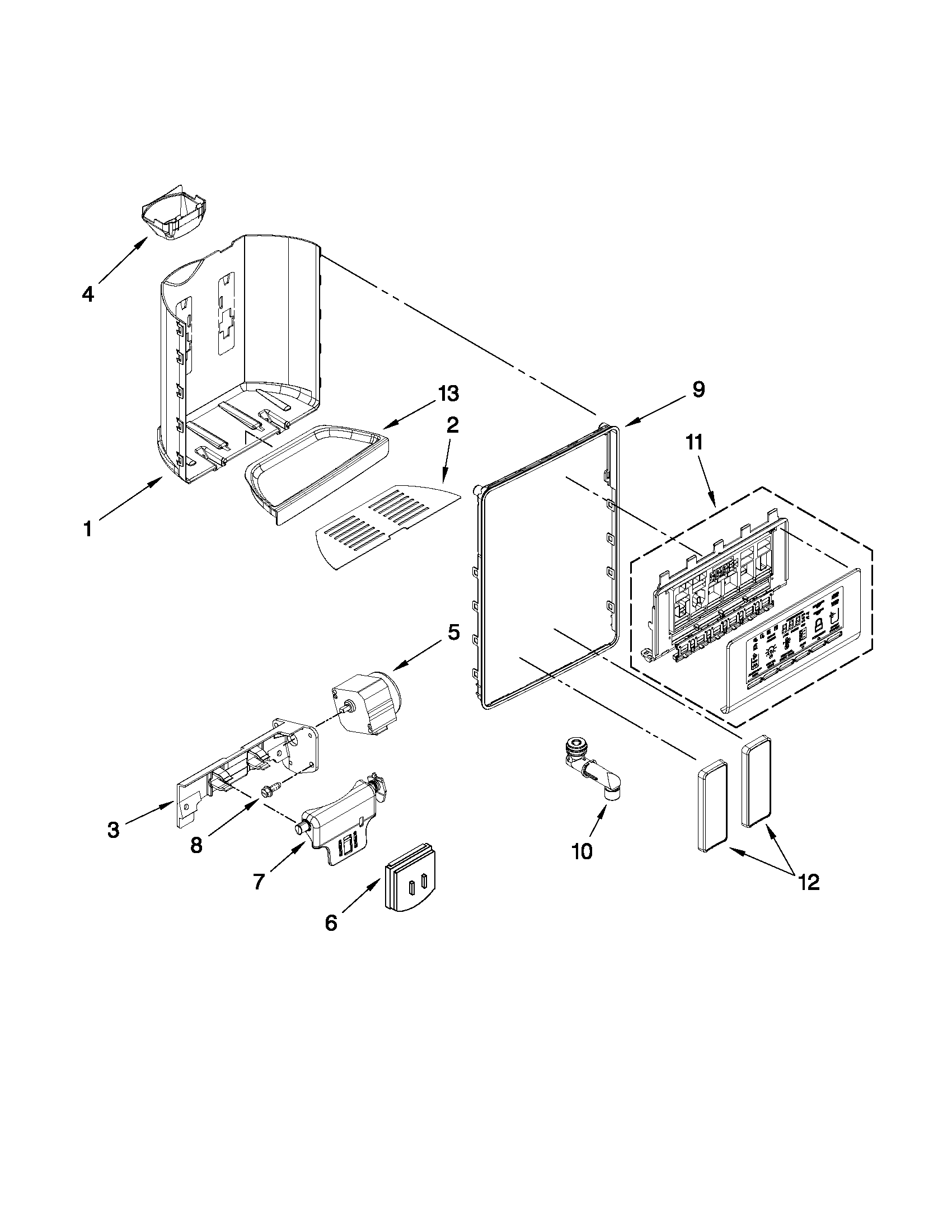 Whirlpool 7GSC22C6XA00 dispenser front parts diagram