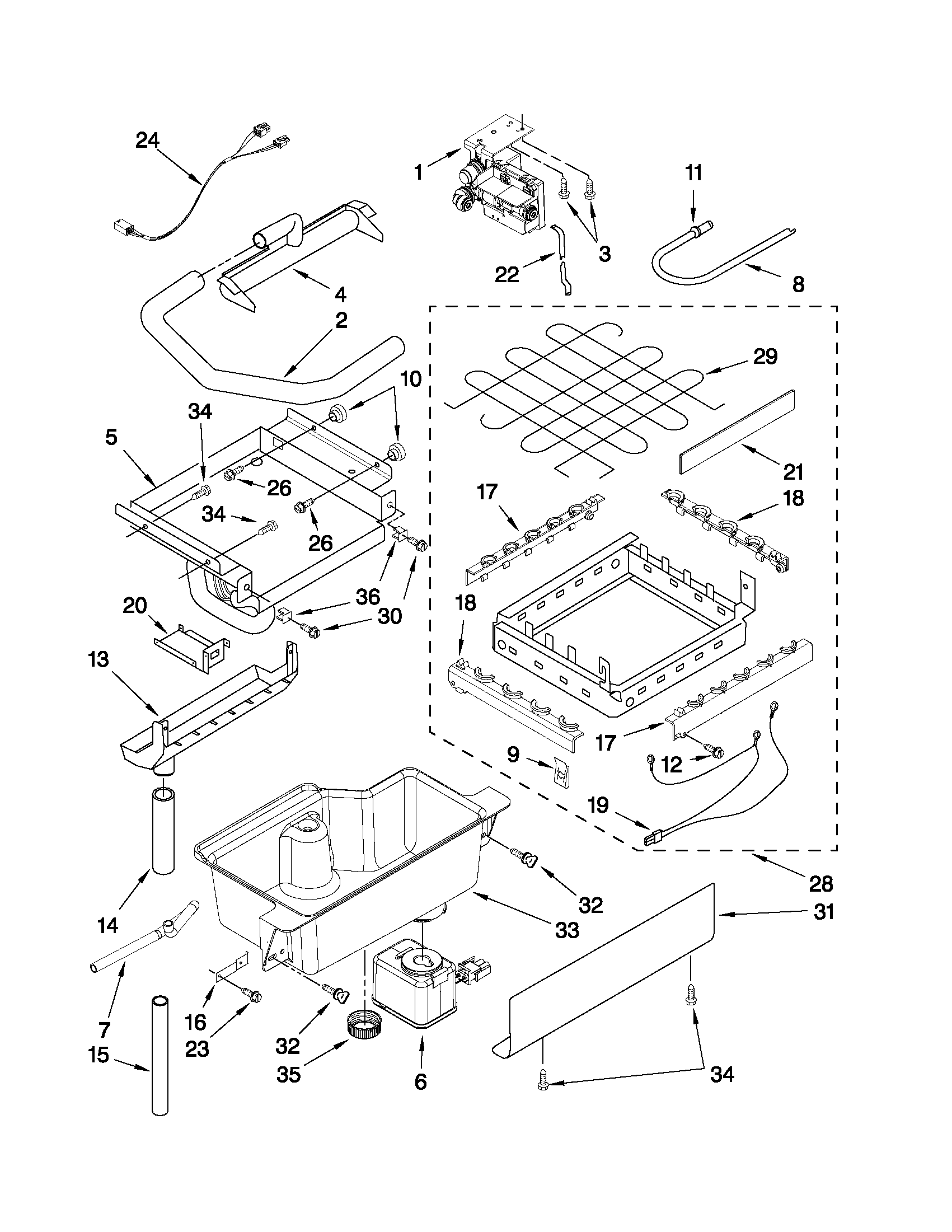 KitchenAid KUIC18NNXS0 evaporator, ice cutter grid and water parts diagram