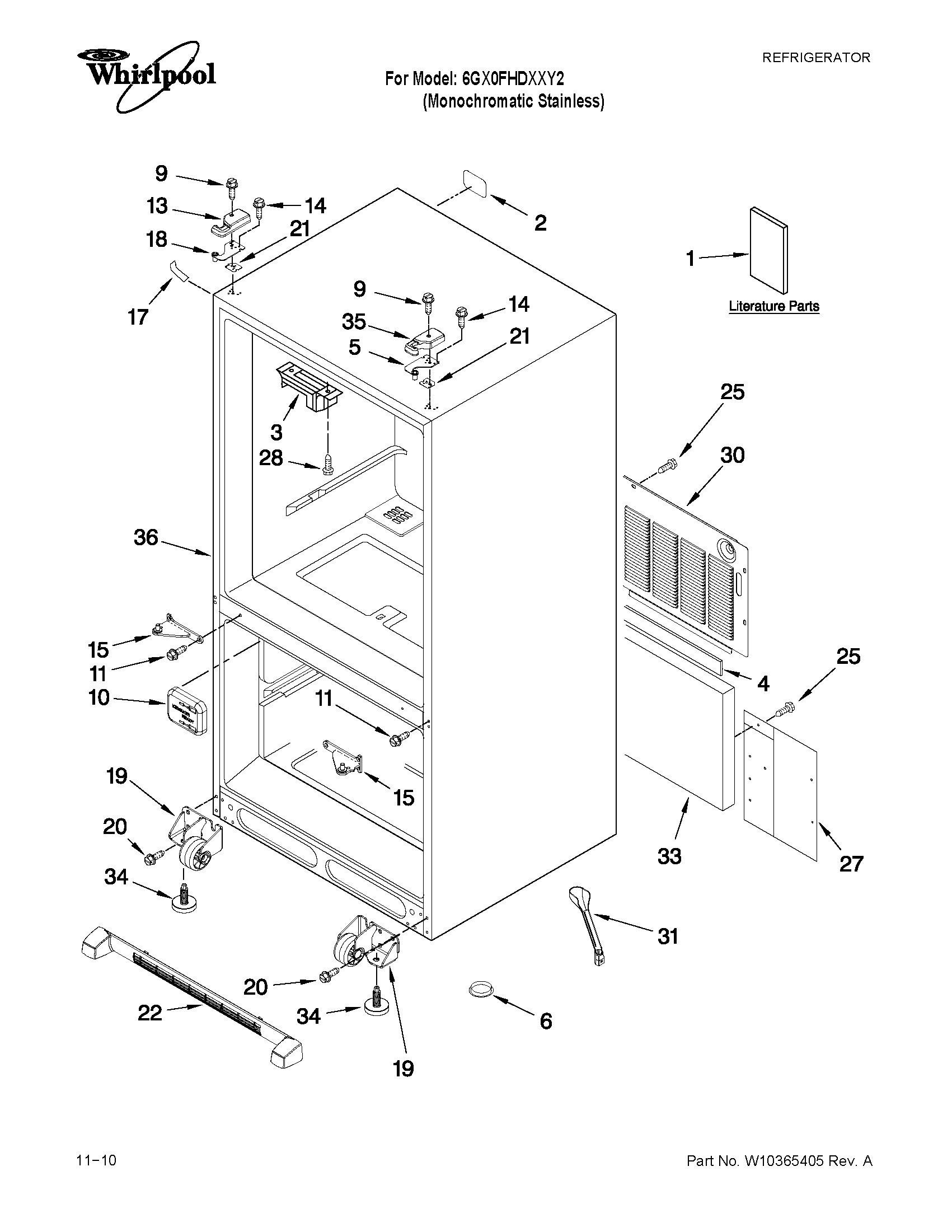 Whirlpool 6GX0FHDXXY2 cabinet parts diagram