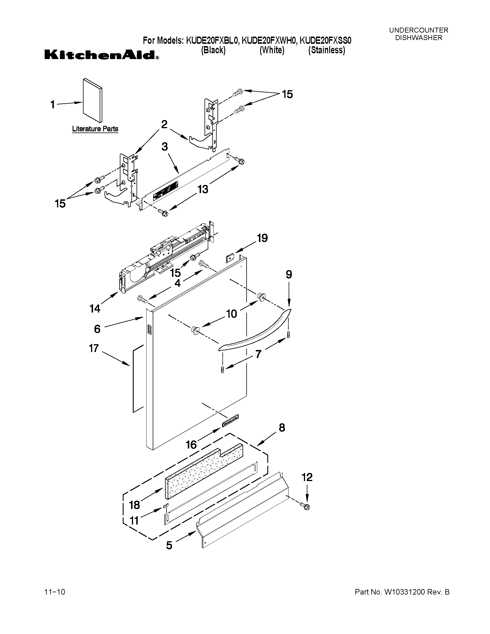 KitchenAid KUDE20FXSS0 door and panel parts diagram