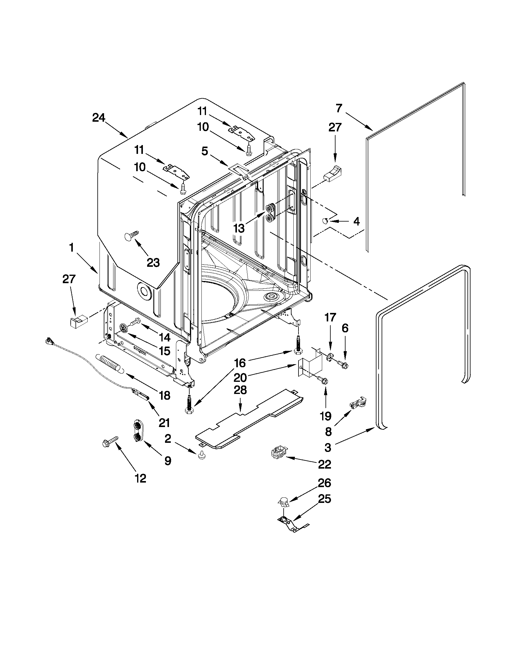 KitchenAid KUDE20FXSS0 tub and frame parts diagram