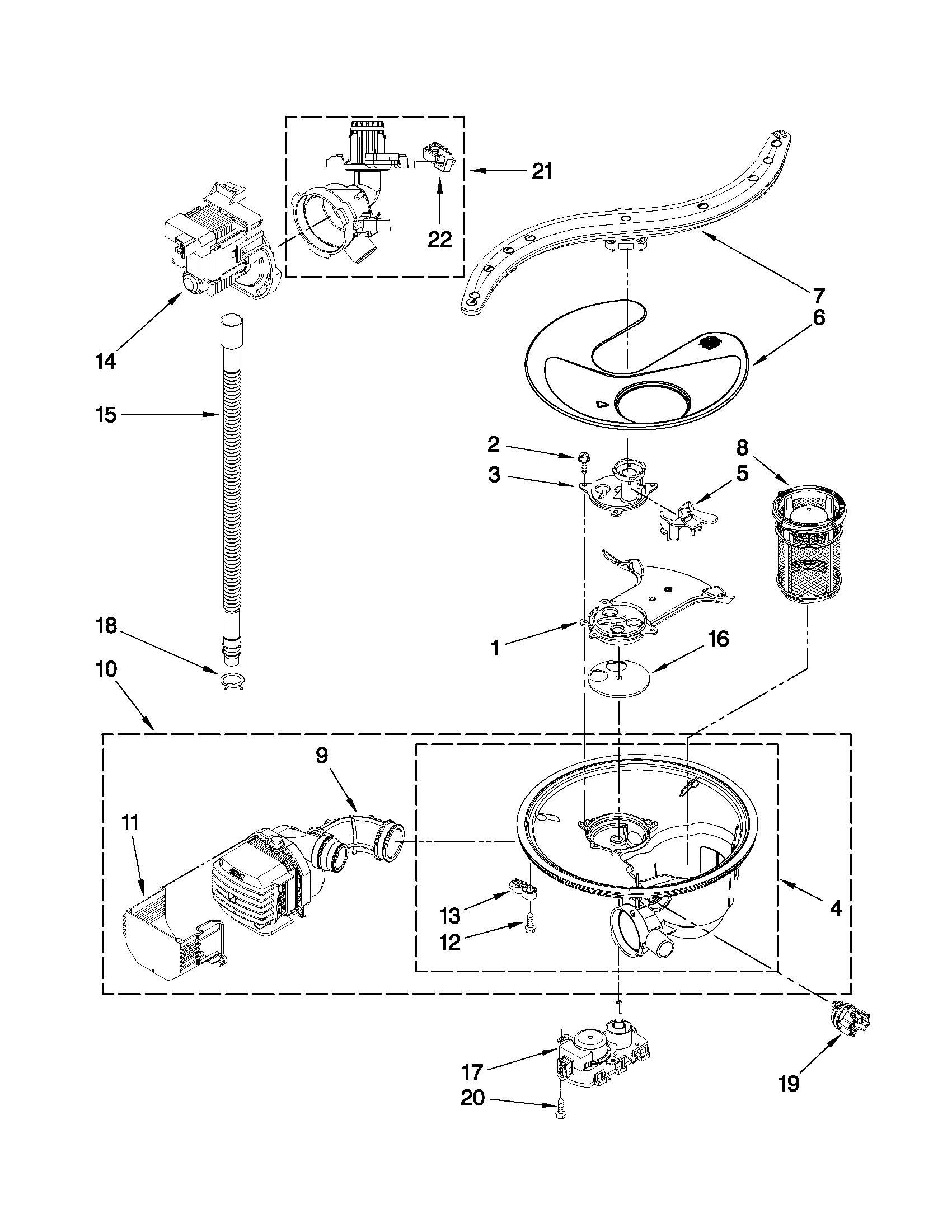 KitchenAid KUDE20FXSS0 pump, washarm and motor parts diagram