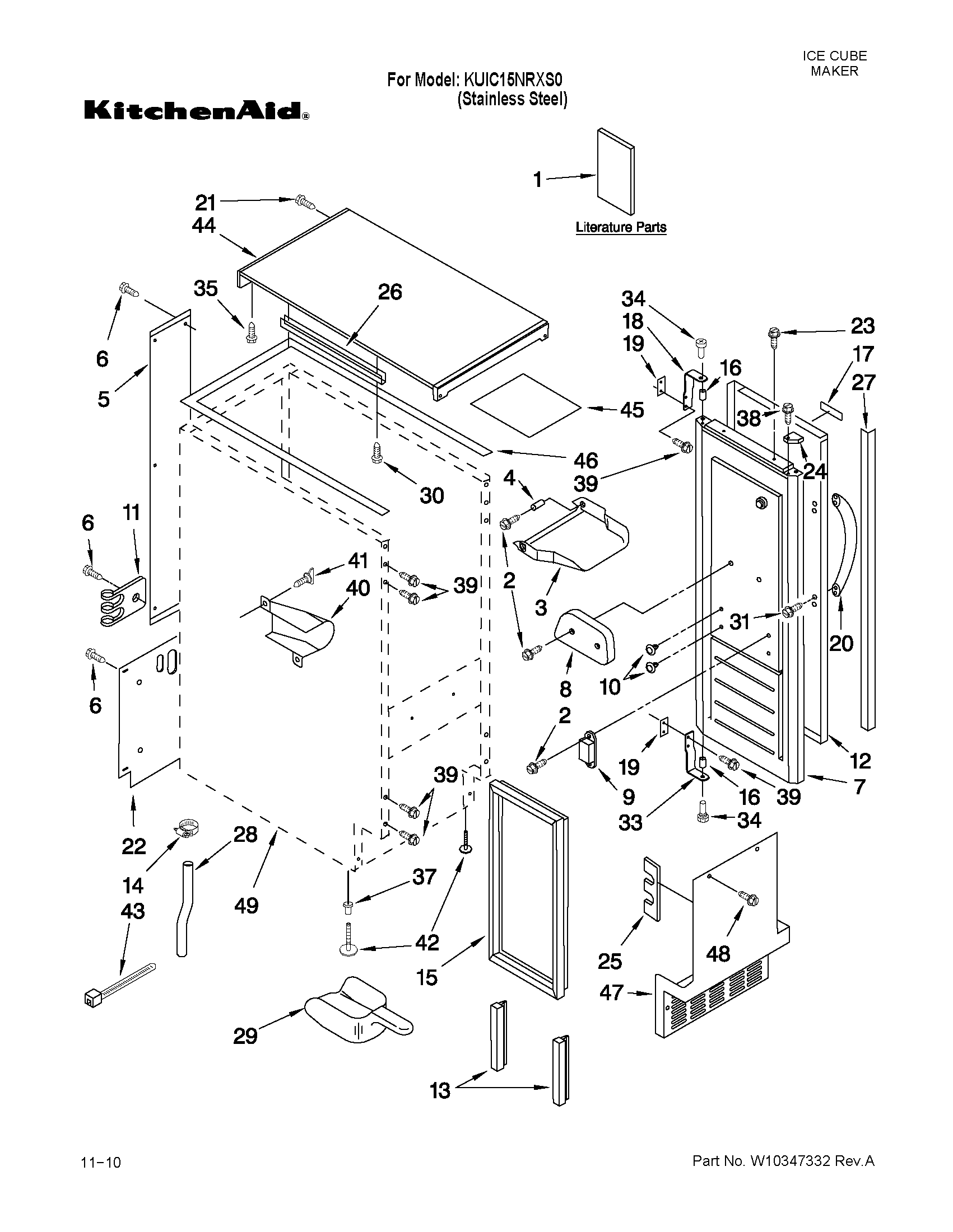 KitchenAid KUIC15NRXS0 cabinet liner and door parts diagram
