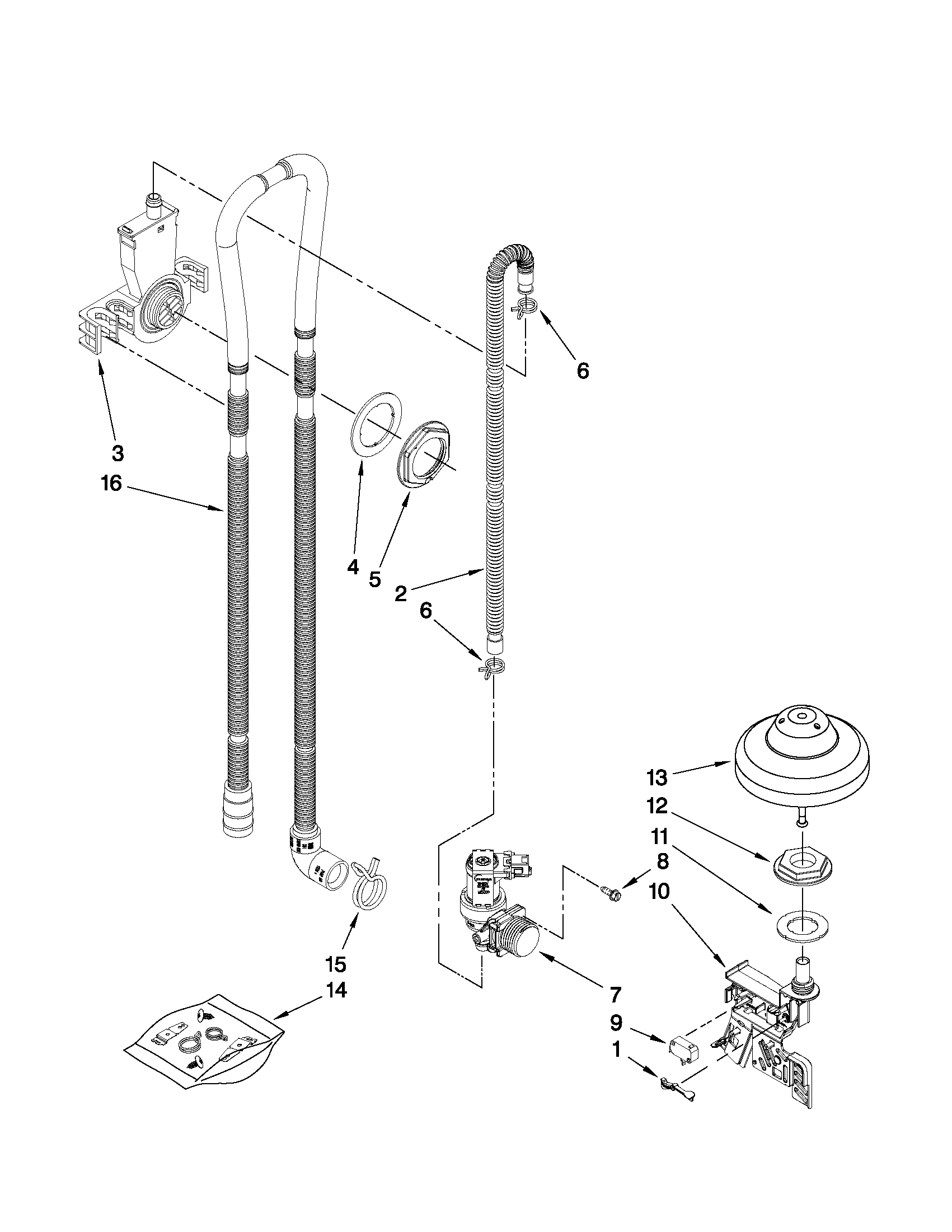 KitchenAid KUDE20IXBL0 fill, drain and overfill parts diagram