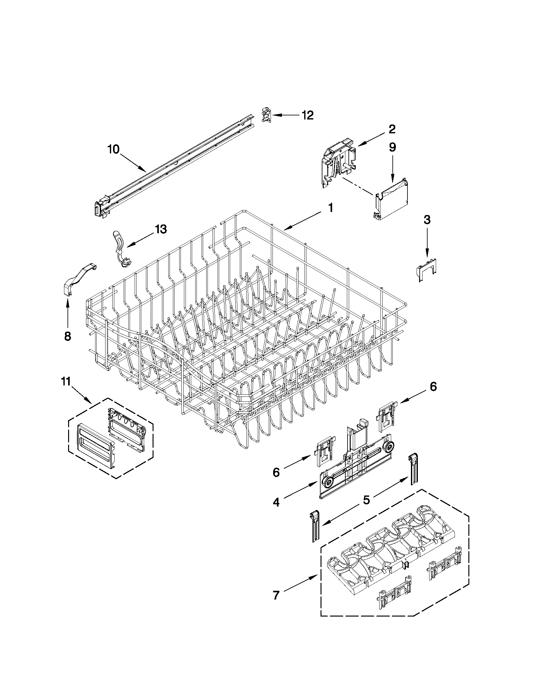 KitchenAid KUDE20IXBL0 upper rack and track parts diagram