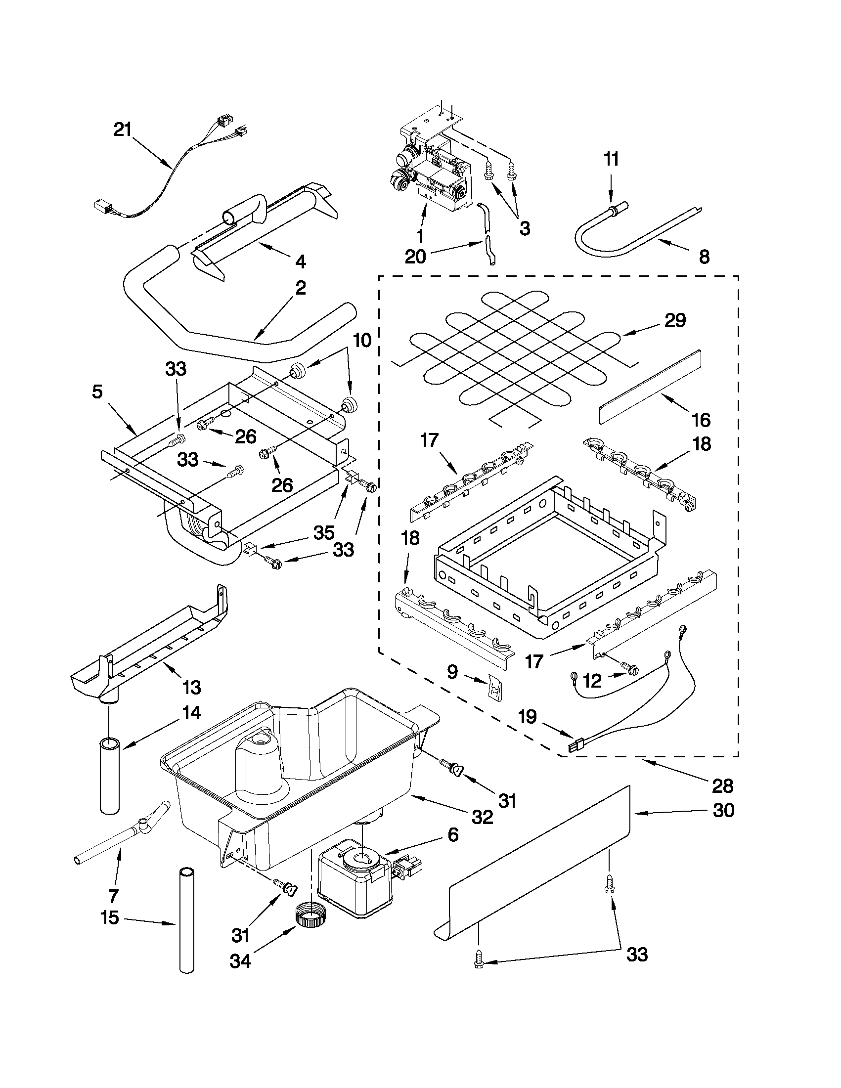 KitchenAid KUIS15NRXW0 evaporator, ice cutter grid and water parts diagram