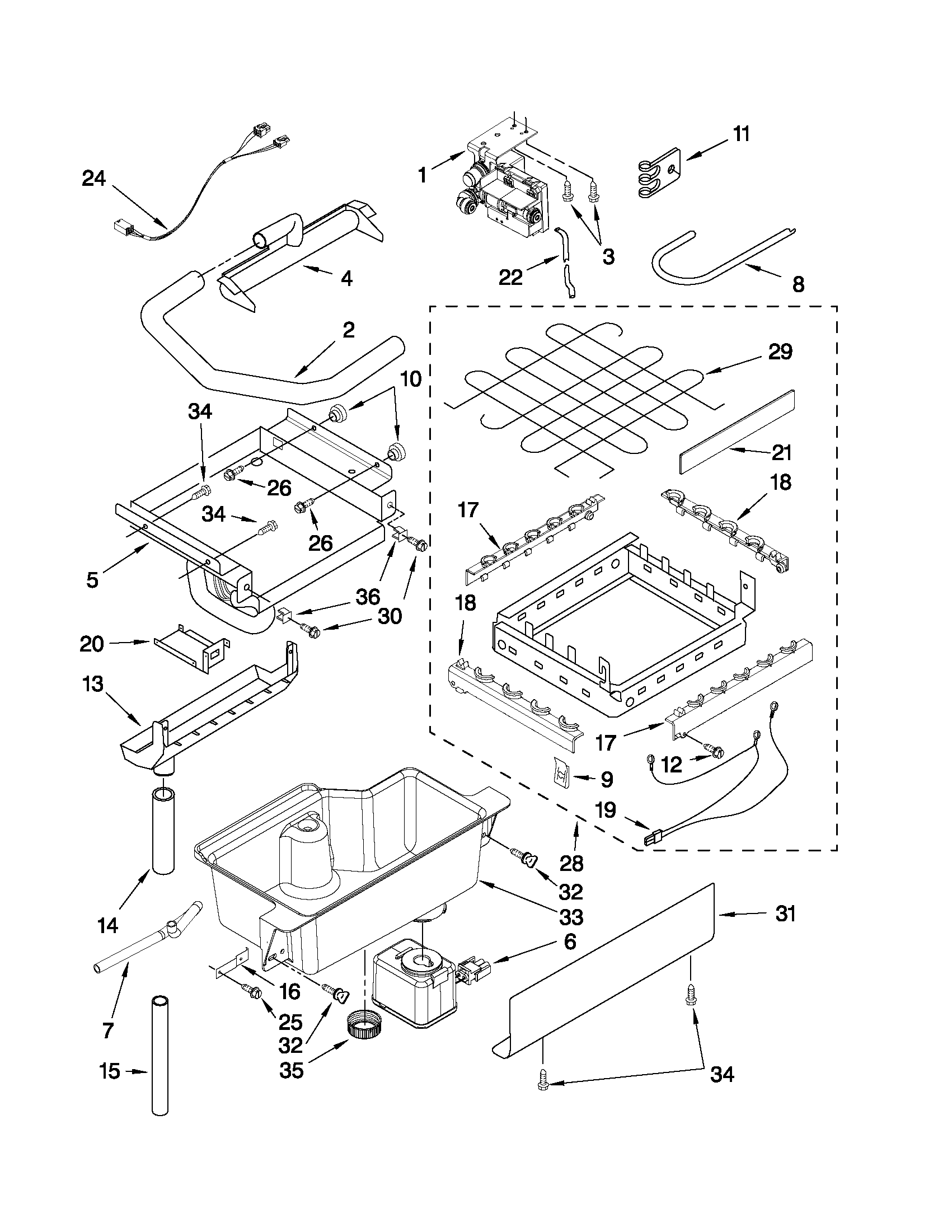 KitchenAid KUIS18PNXB0 evaporator, ice cutter grid and water parts diagram