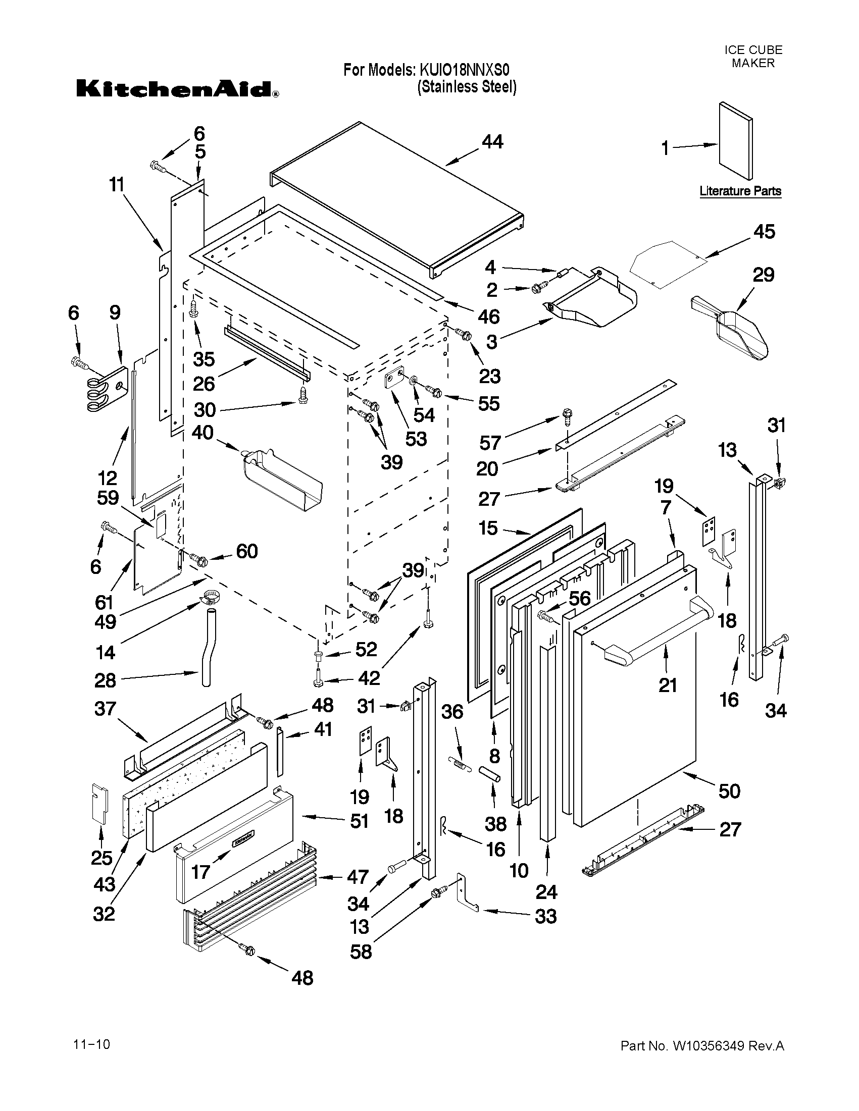 KitchenAid KUIO18NNXS0 cabinet liner and door parts diagram