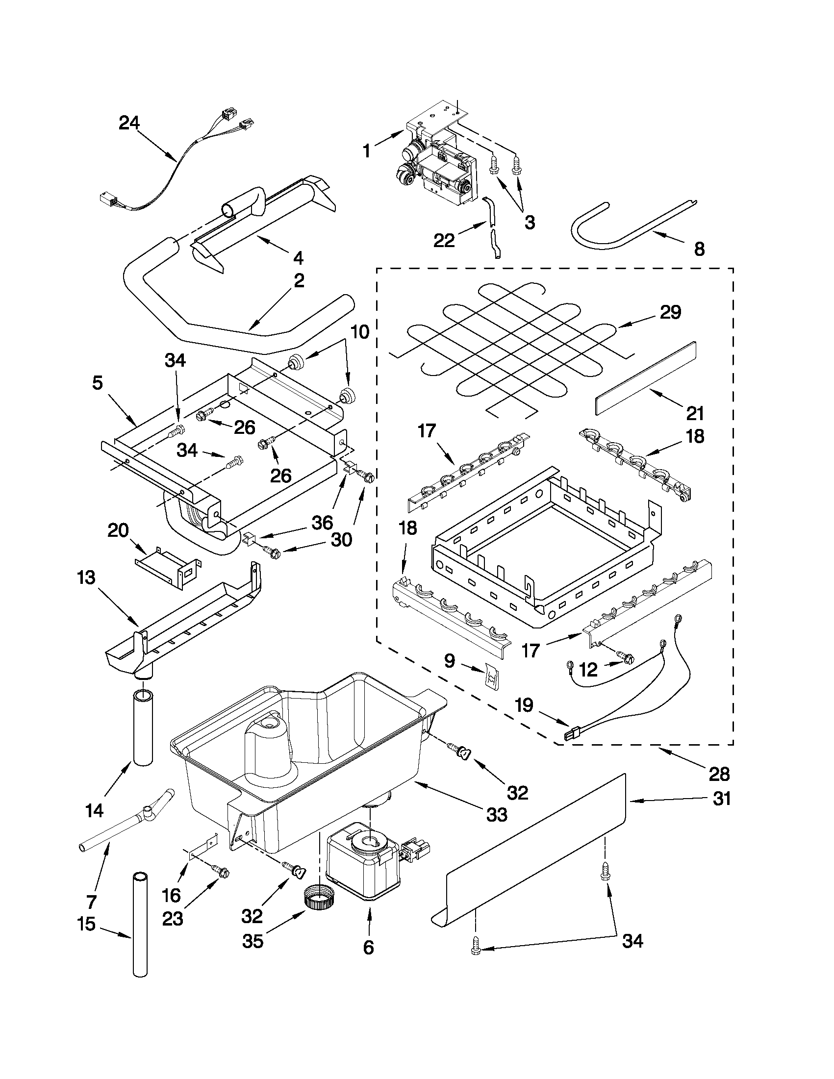 KitchenAid KUIO18NNXS0 evaporator, ice cutter grid and water parts diagram