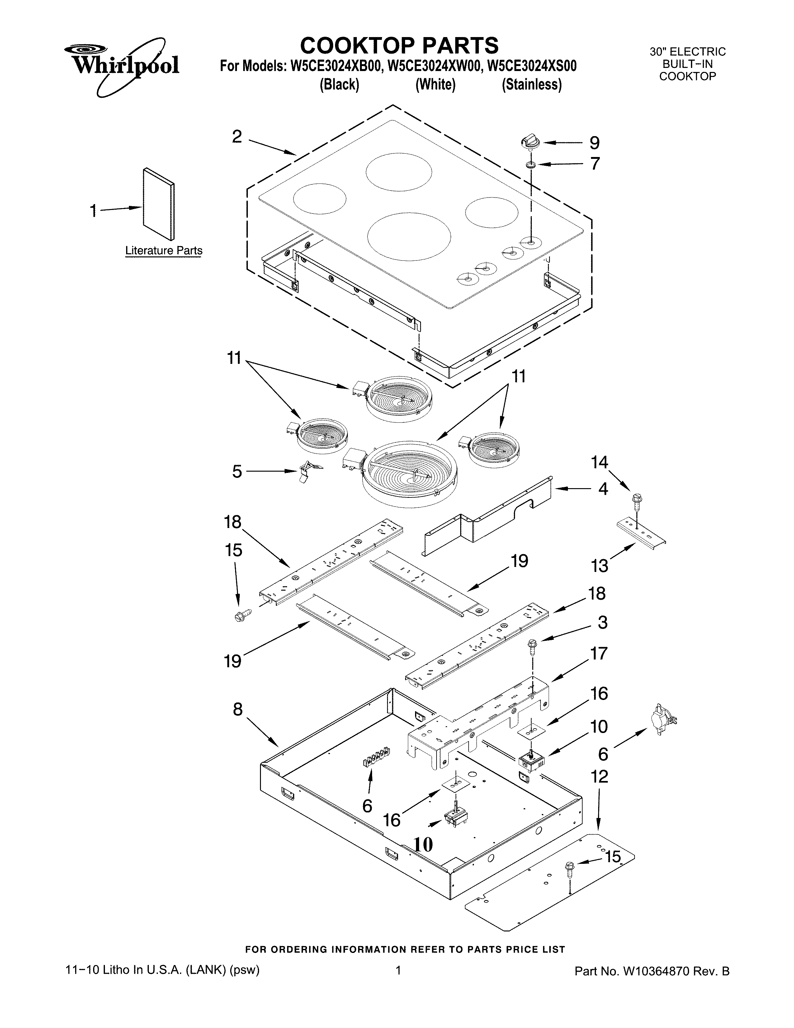 Whirlpool W5CE3024XW00 cooktop parts diagram