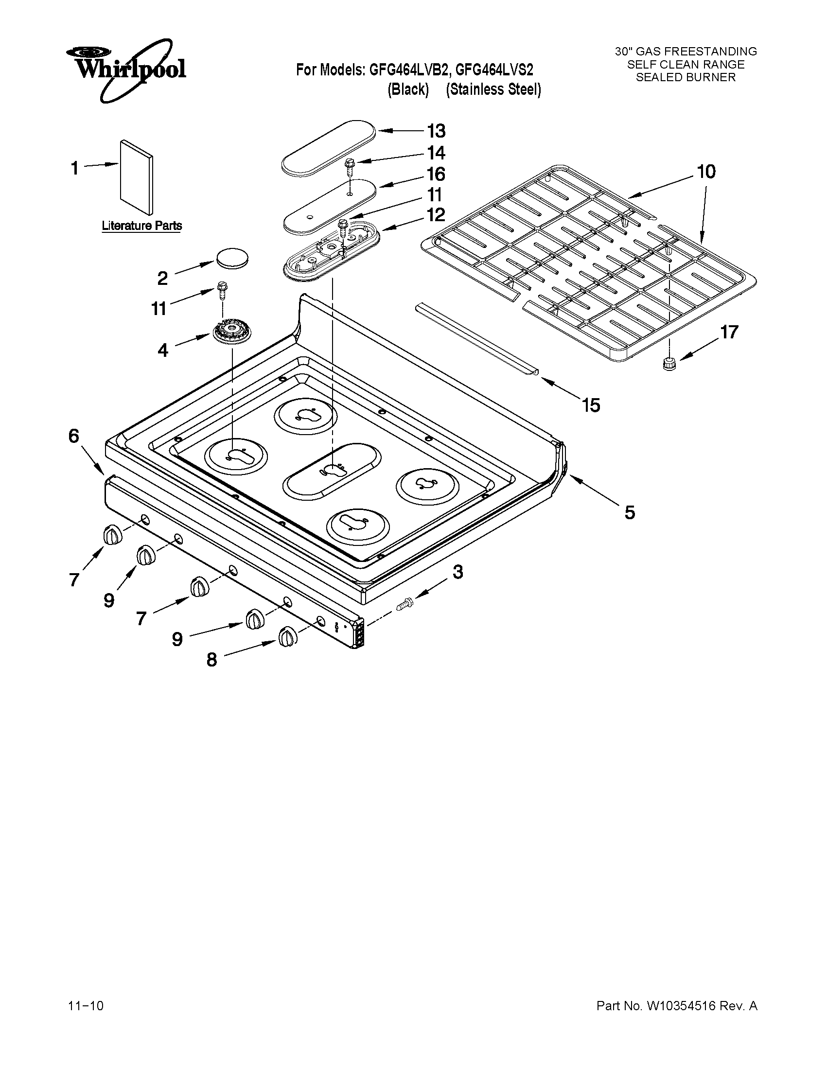 Whirlpool GFG464LVB2 cooktop parts diagram