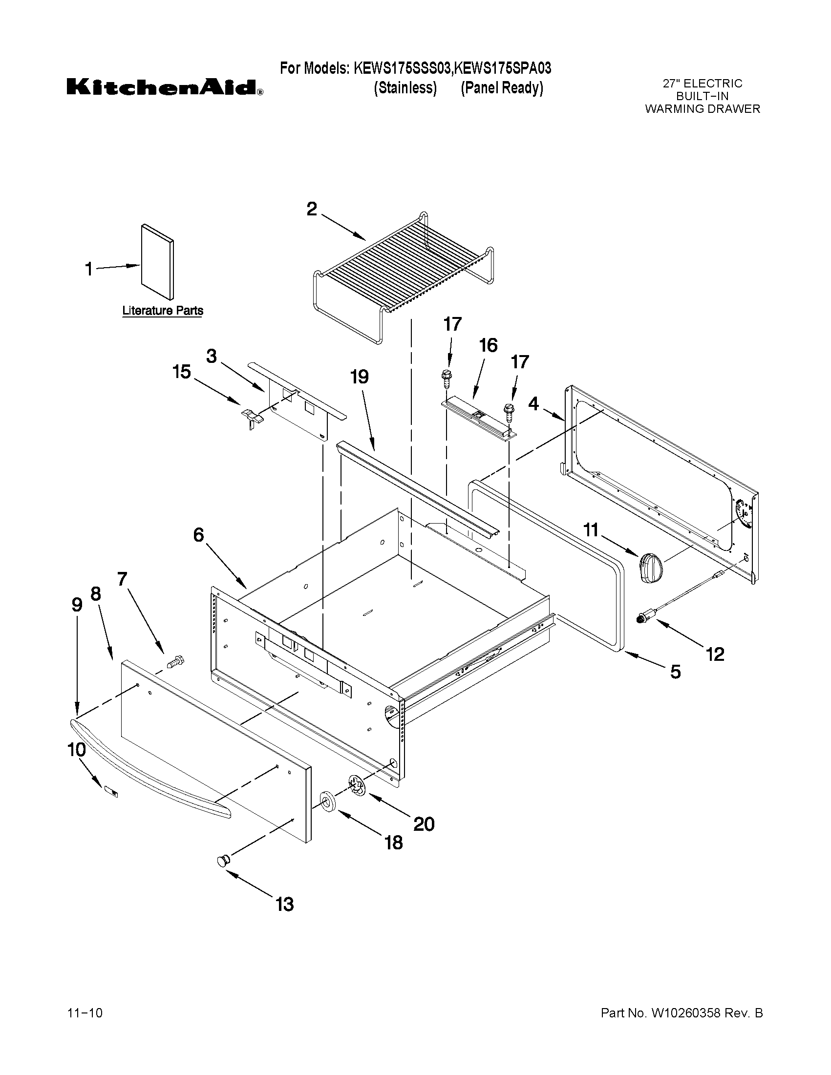 KitchenAid KEWS175SPA03 control, door and drawer parts diagram